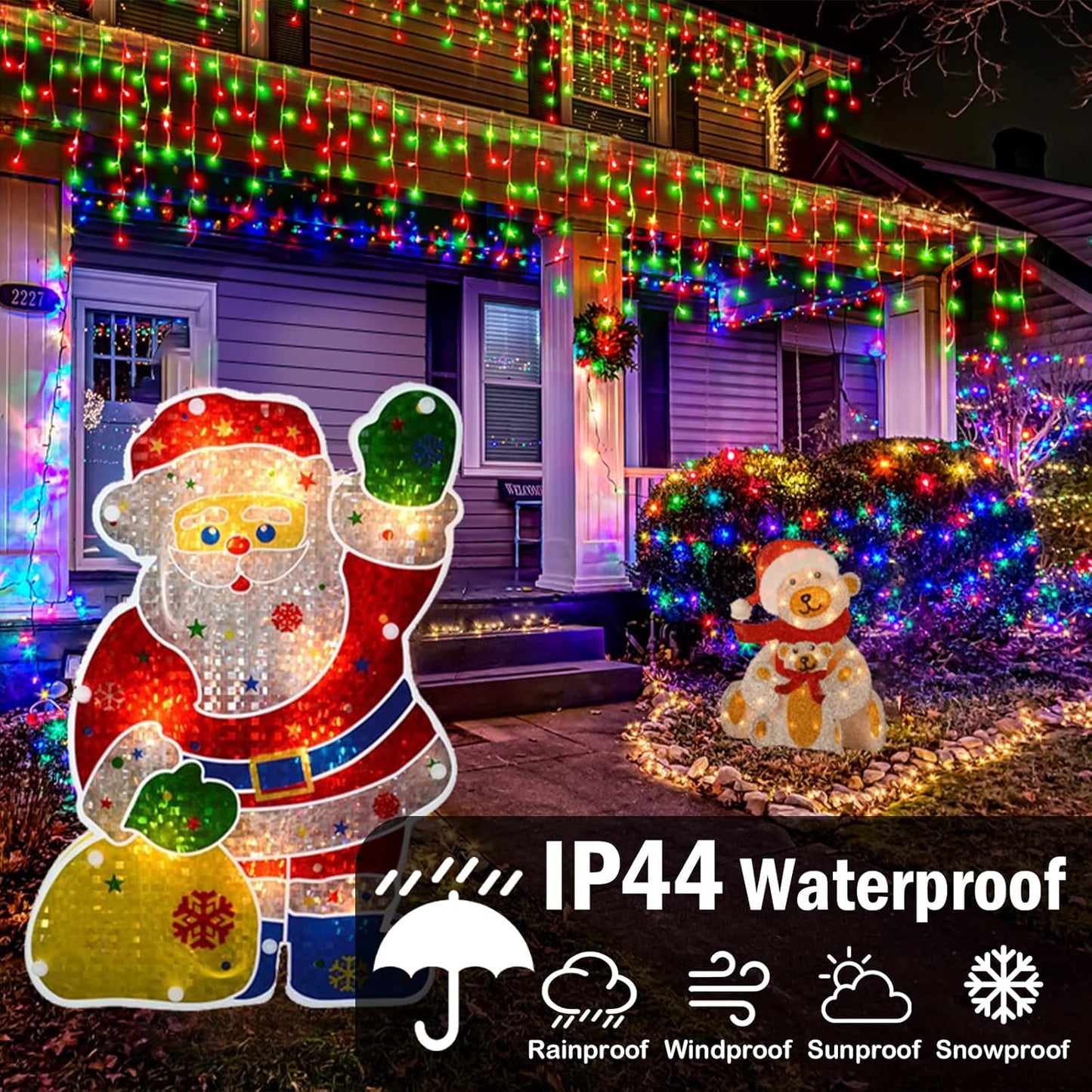 KNONEW Christmas Lights Outdoor Decorations 400 LED 33ft 8 Modes Curtain Fairy String Light with 75 Drops, Clear Wire LED String Light Indoor Decor for Wedding Party Christmas (Red and Green)