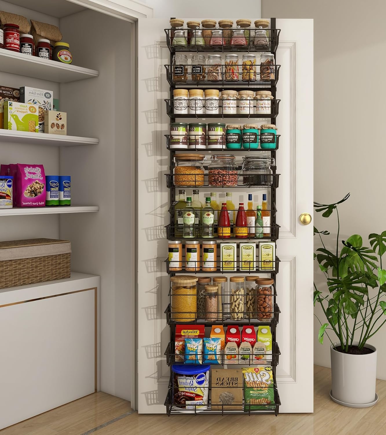 10-Tier Over The Door Pantry Organizer, Pantry Organization and Storage, Black Metal Hanging Adjustable Basket, Wall Spice Rack Seasoning Shelves, Home & Kitchen Essentials