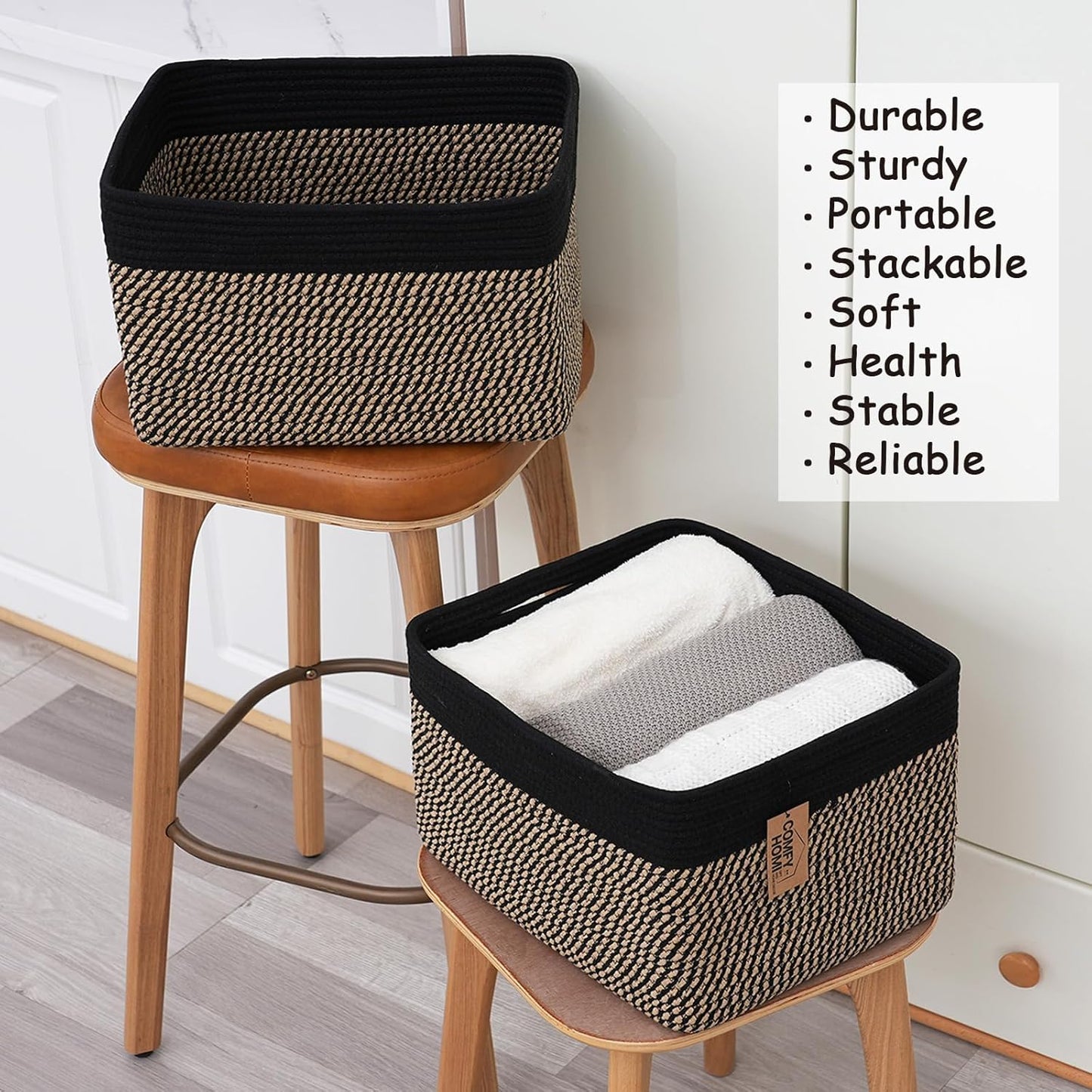 COMFY-HOMI Cotton Rope Woven Basket with Handles for Shelves,Toys,Book, Cloth Storage Baskets Bin for Organizing-13.5"x11"x9.5" Toy Decorative Organizer for Living Room, Bathroom-Black/Jute