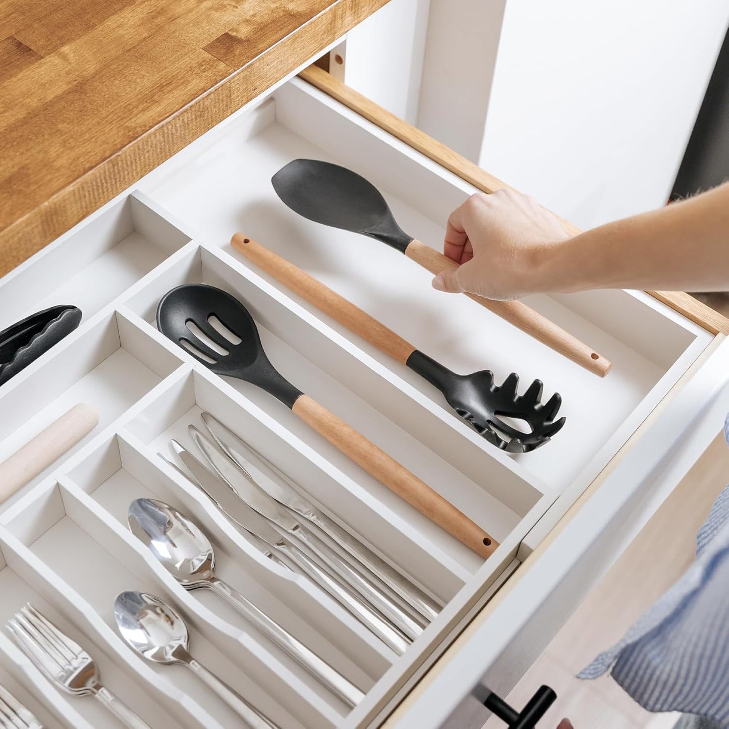 Premium Silverware, Flatware and Utensil Organizer for Kitchen Drawers, Food-Safe Contract Grade, Expandable from 18 to 33 In, White Bamboo