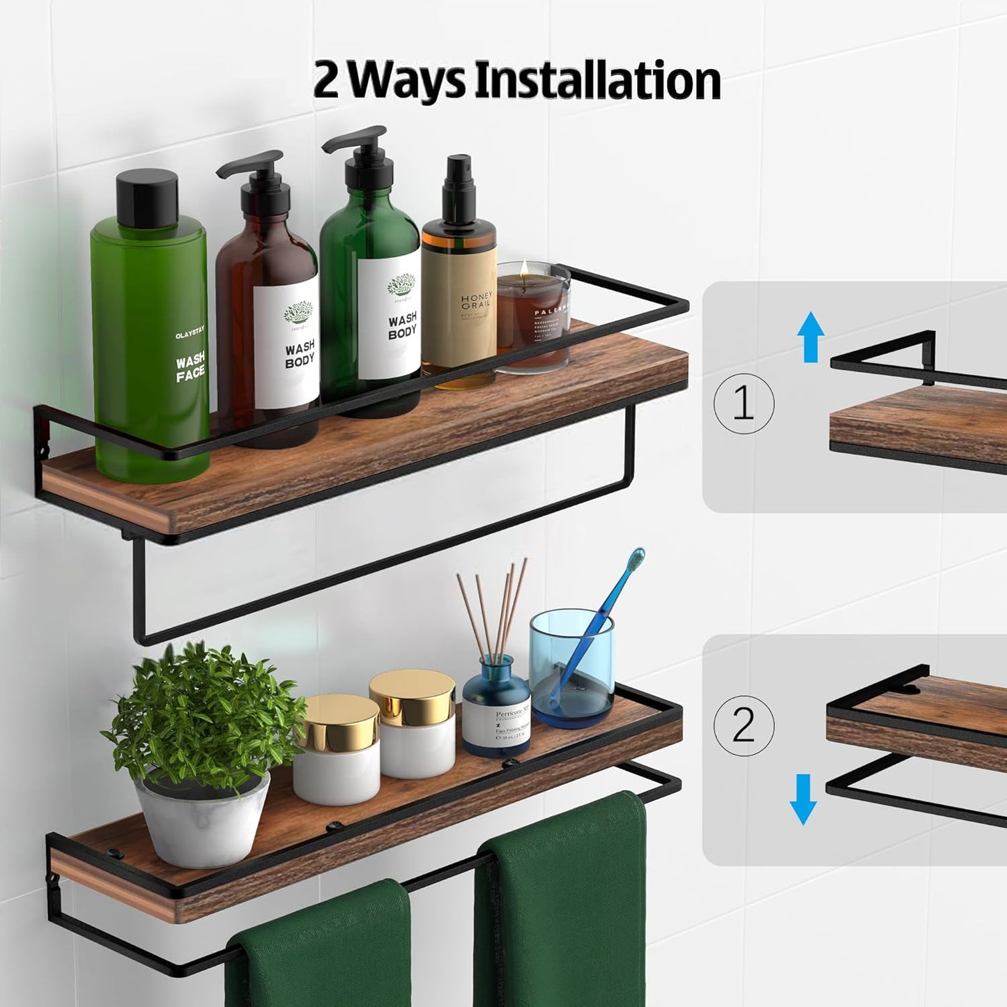 Meangood Floating Shelves Wall Mounted Set of 2, Wall Shelf with Towel Bar Rustic Wood Wall Storage Shelves for Bedroom,Living Room,Bathroom, Kitchen Rustic Brown