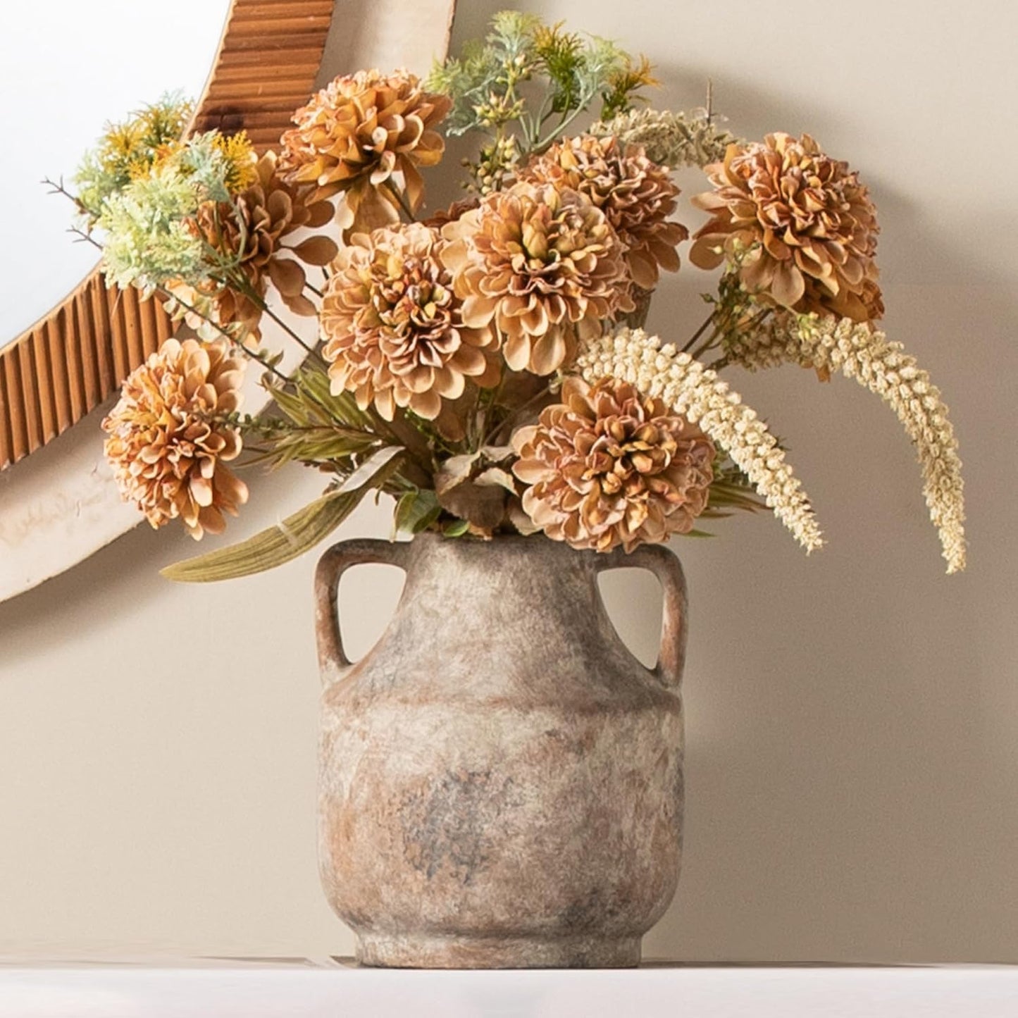 Mitt&Ditt Ceramic Flower Vase with Handles, 8 inch Tall Off-White Vase, Decorative Terracotta Vases, Farmhouse Rustic Pottery Vases for Home Decor, Living Room, Table