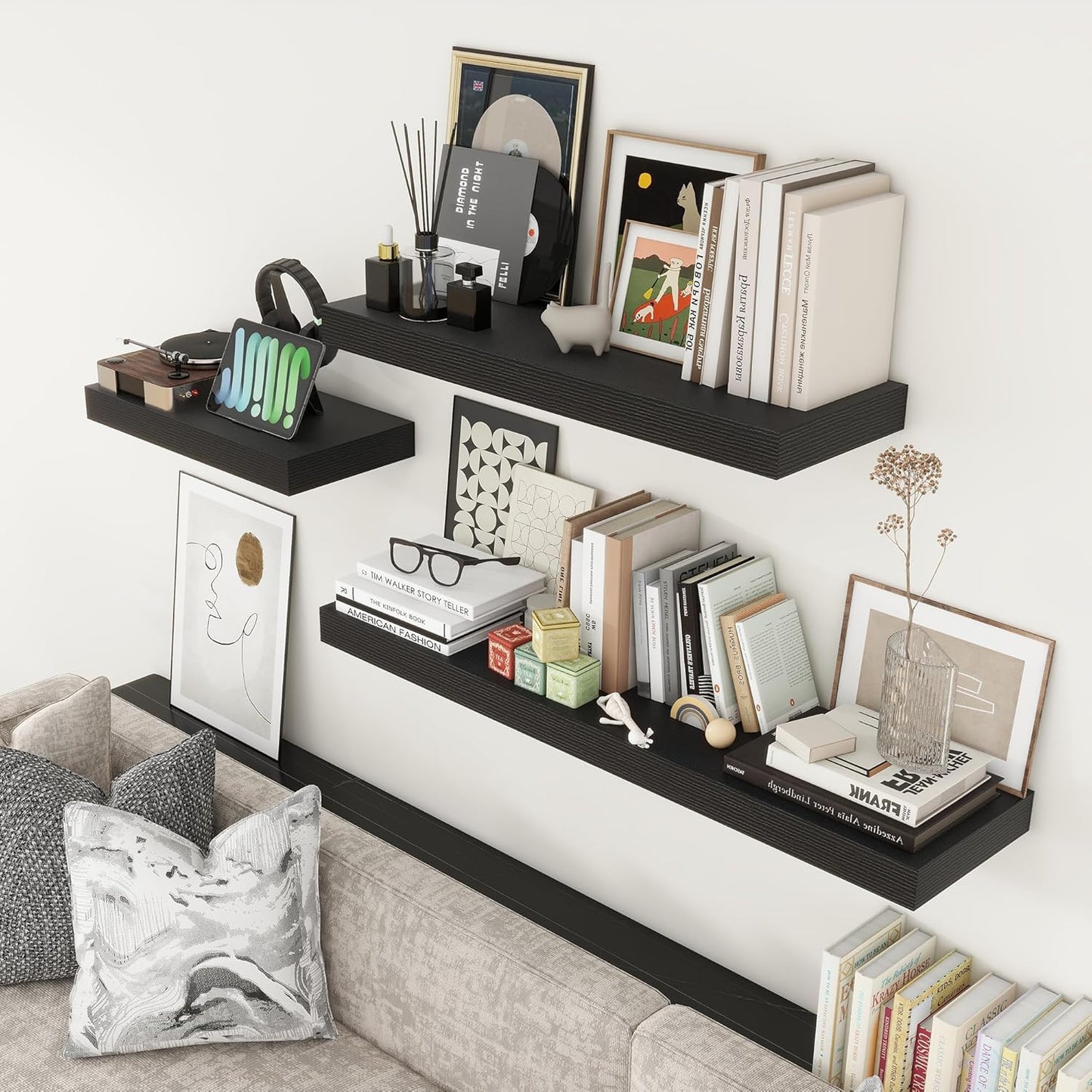 Deep Floating Shelves for Wall, 24W x 12D Black Floating Shelves Set of 2, 12'' Deep Large Wood Shelves for Living Room Bathroom Laundry Room Bedroom Kitchen Home Office - Black