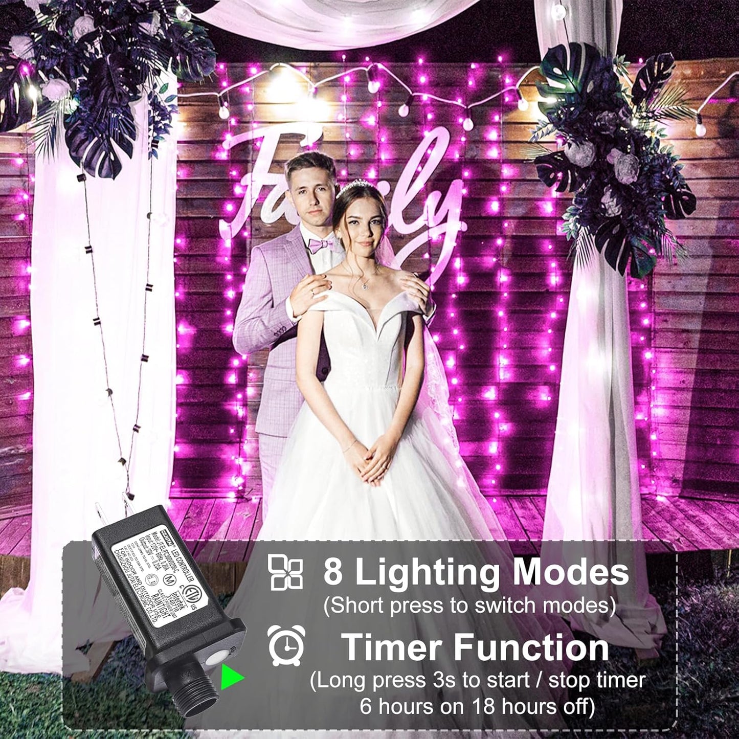 100FT 300 LED Christmas Lights Outdoor, Green Wire Christmas Tree Lights with 8 Modes Waterproof, Connectable String Lights for Outside for Indoor Garden Patio Party Wedding Decorations, Pink