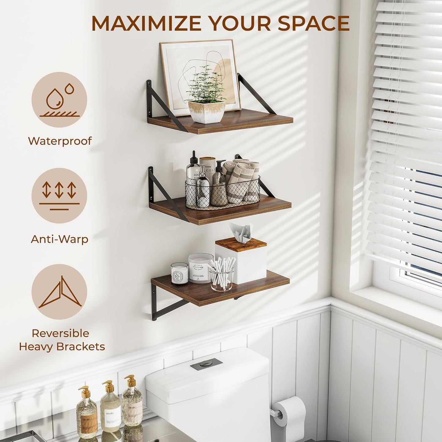 Heimlove Deep Floating Shelves for Wall, 12 Inch Deep Floating Shelves Set of 3, 16W x 12D Wood Wall Shelves, Wide Wood Shelves with Metal Bracket for Living Room, Kitchen, Office, Bedroom - Walnut