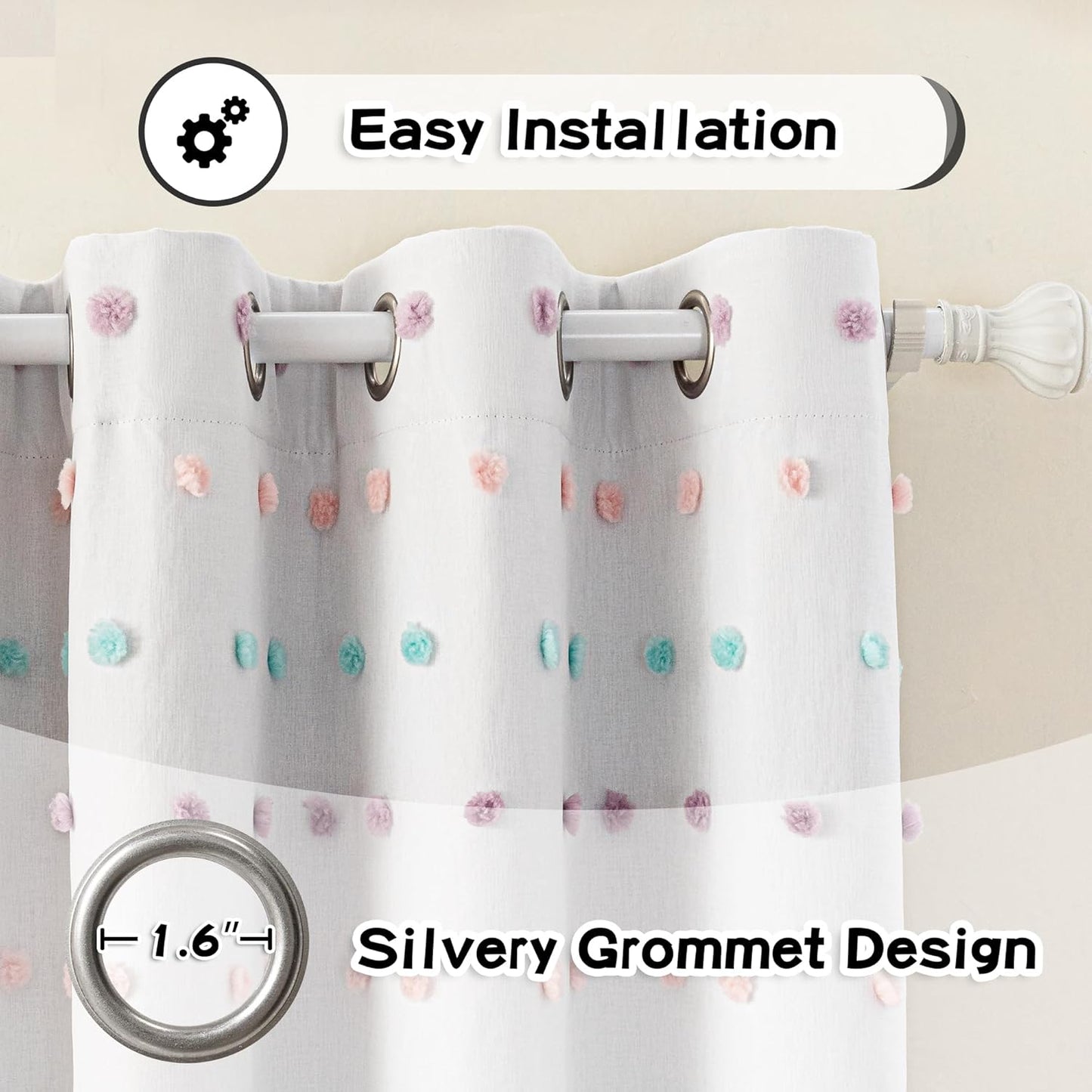 MYSKY HOME 100% Blackout Curtains for Living Room 108 Inch Long Total Light Blocking Curtains for Sliding Glass Door Privacy Protect Grommet 2 Layered Drapes Rainbow Pom Pom Sheer 52 Wide, 2 Pieces