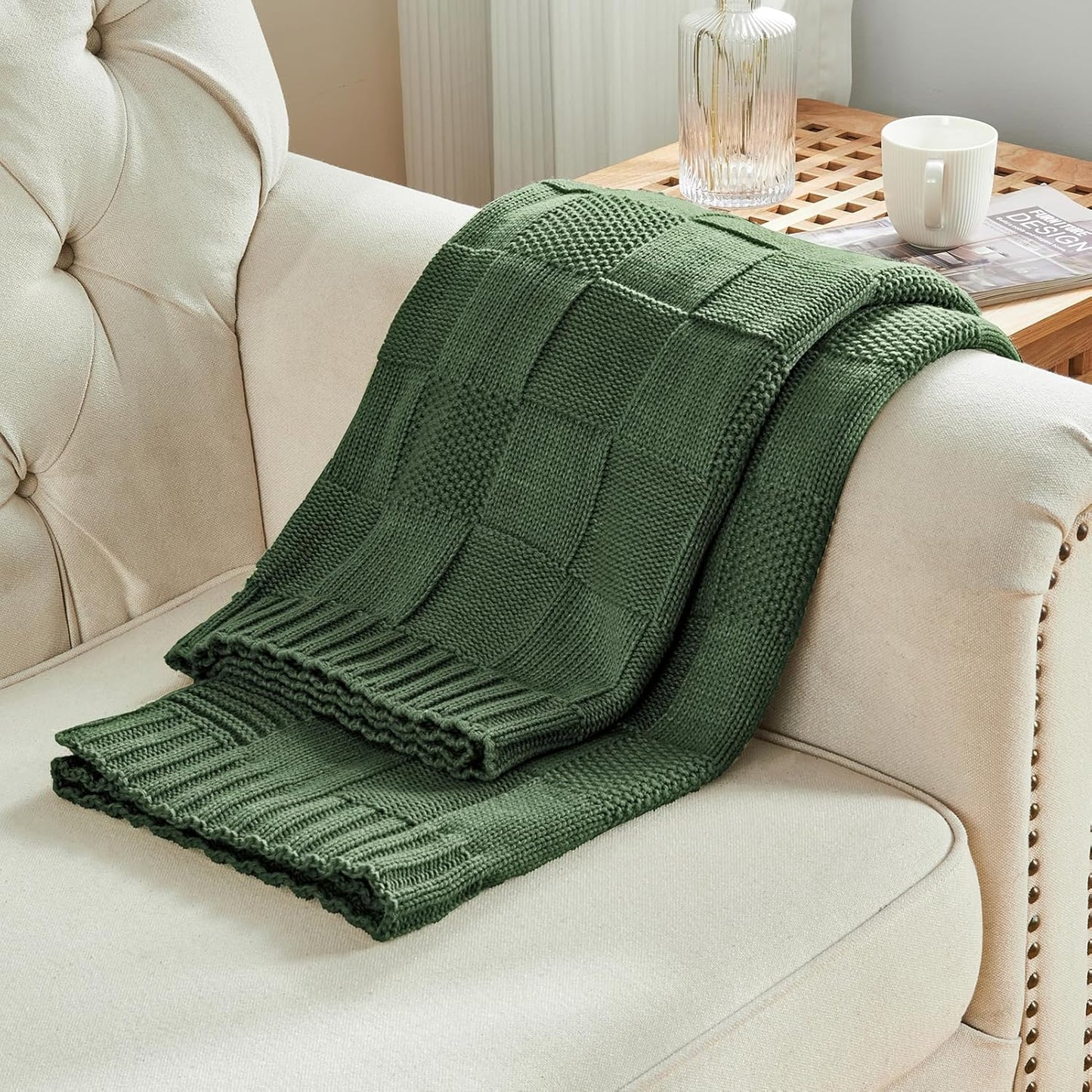 CozeCube Knit Throw Blanket,Christmas Green Checkered Bedroom Blanket for Couch,Soft Cozy Warm Knitted Blanket for Bed Sofa Living Room,Decorative Spring Fall Throw Blanket 50"X60",Christmas Green