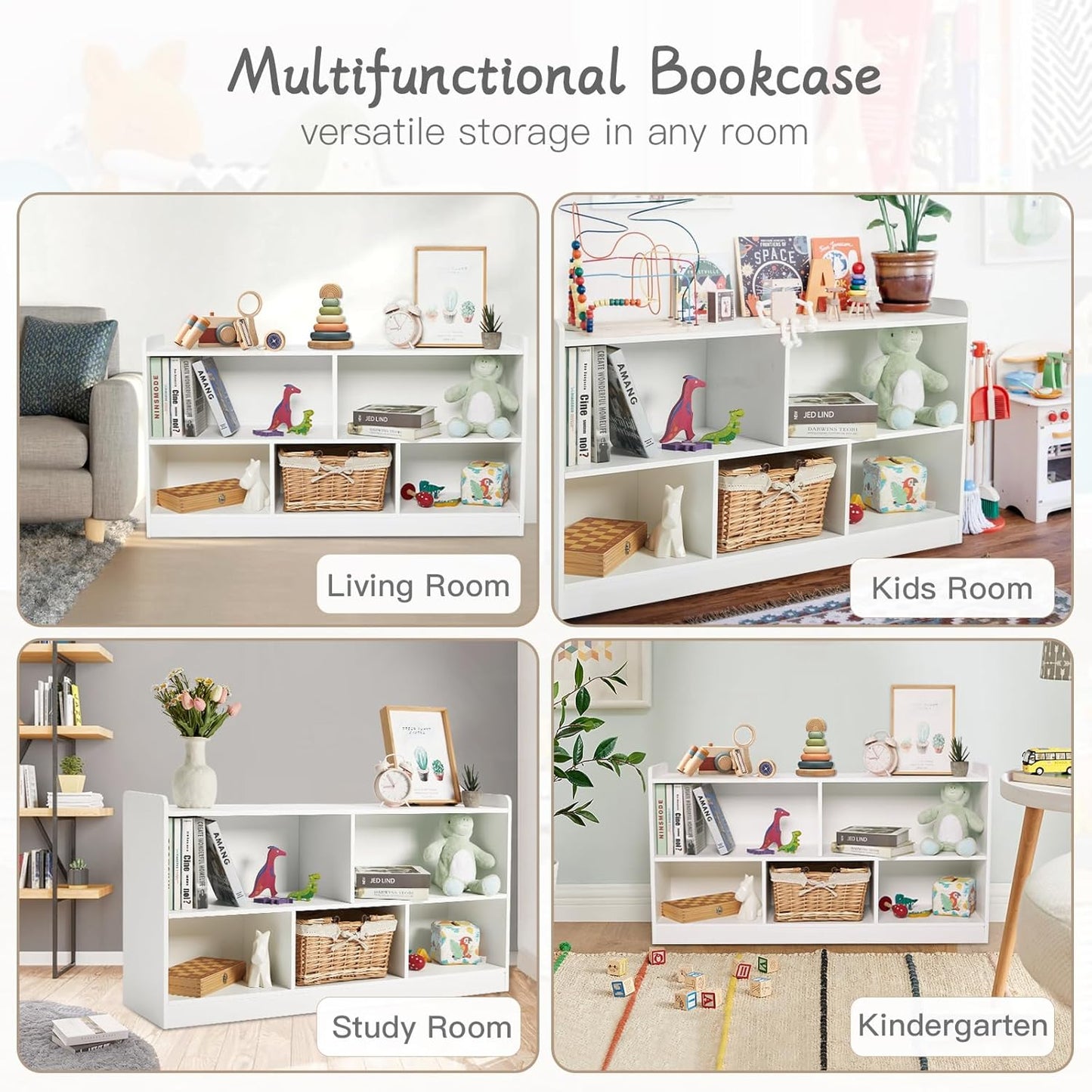 Montessori Shelf, Wooden Toy Storage Organizer for Books Toys, 2 Shelf Bookcase, 5-Section Storage Cabinet, Toddler Book Shelf for Kids Rooms, Playroom, Nursery, Kindergarten