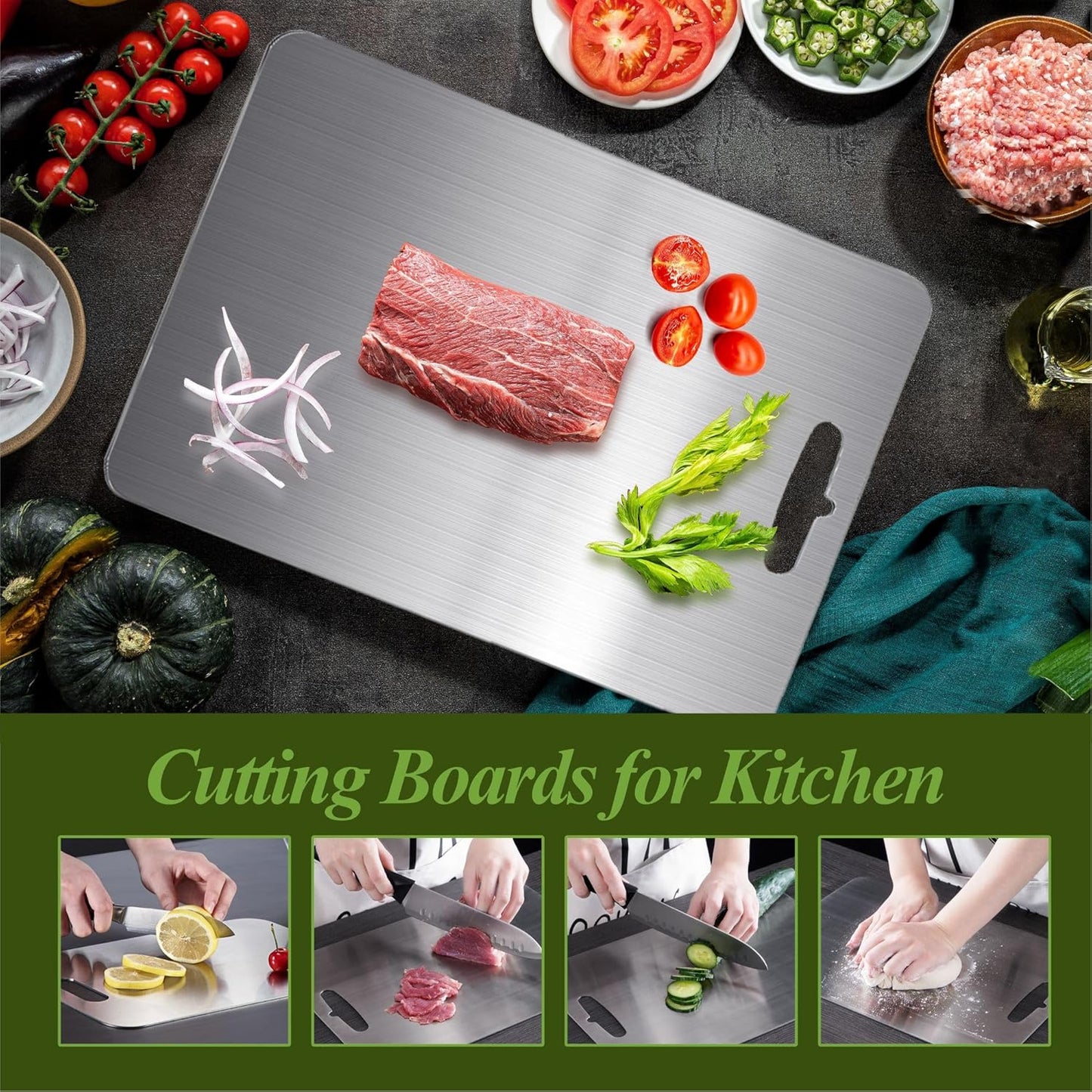 Titanium Cutting Board, 100% Pure Titanium Cutting Boards for Kitchen, Double Sided Food-Grade, Dishwasher Safe Chopping Board for Cutting Meat Vegetable Fruit (14"L x 10"W)