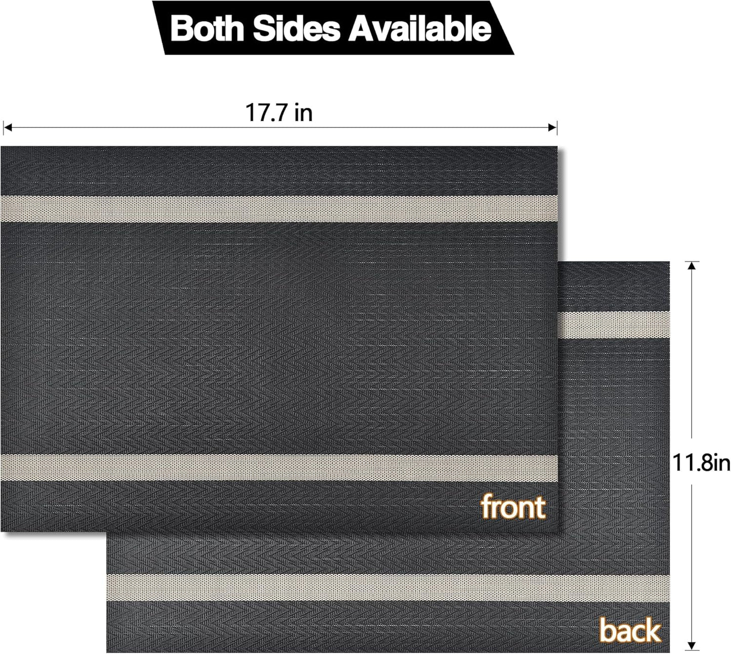Black Placemats Set of 6 - Easy Clean Modern Durable Washable Vinyl Place Mats - Heat Resistant Placemats for Kitchen Table - PVC Table Mats for Dining Table (Black with Stripes, 6)
