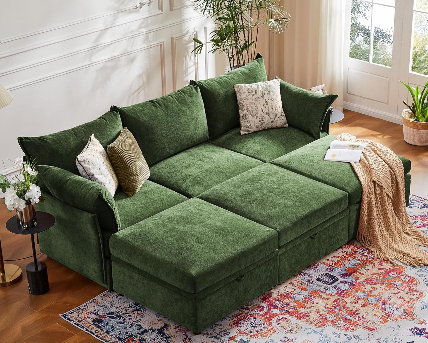 102.6" Luxury Modular Sleeper Sofa Bed 6 Seat Reversible Sectional Couch Deep Seat with Storage Chaises Removable Cover for Living Room, Apartment - Chenille Green