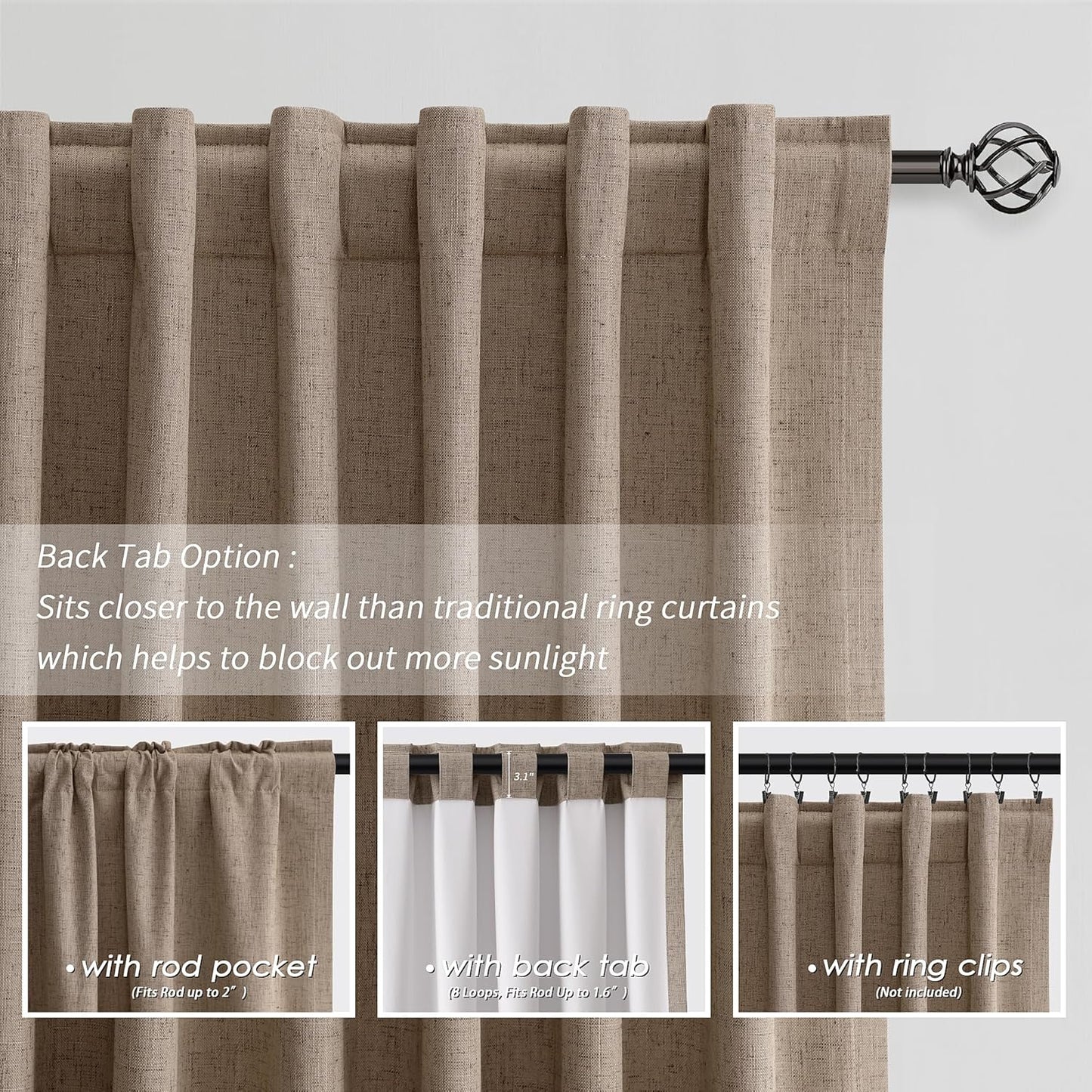 BOODII Full Blackout Curtains 90 Inches Long Room Darkening Curtain for Bedroom Sliding Door Thermal Insulated Black Out Curtains & Drapes Brown Neutral Linen 2 Panels Set Back Tab 52x90