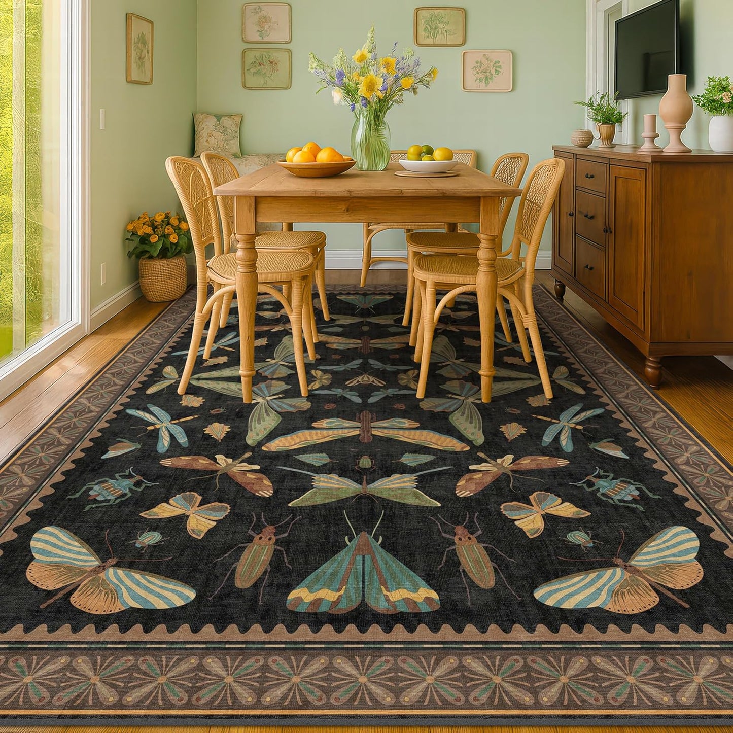 Big Black Area Rug for Living Room - Washable 10x14 Area Rug, Dining Room Rugs for Under Table, Soft Low Pile for Large Bedroom - Insect Witch Dark Moody Bug Decor, Non-Slip & Stain Resistance