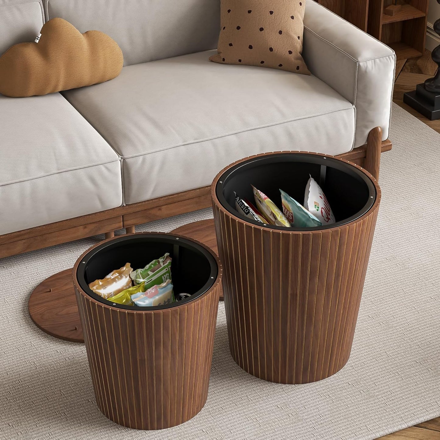 Nesting Coffee Table Set of 2, Round End Table with Storage, Farmhouse Side Table with Removable Wood Tops and Wood Basket Bases for Blanket Storage, Modern Coffee Table for Living Room (Walnut)