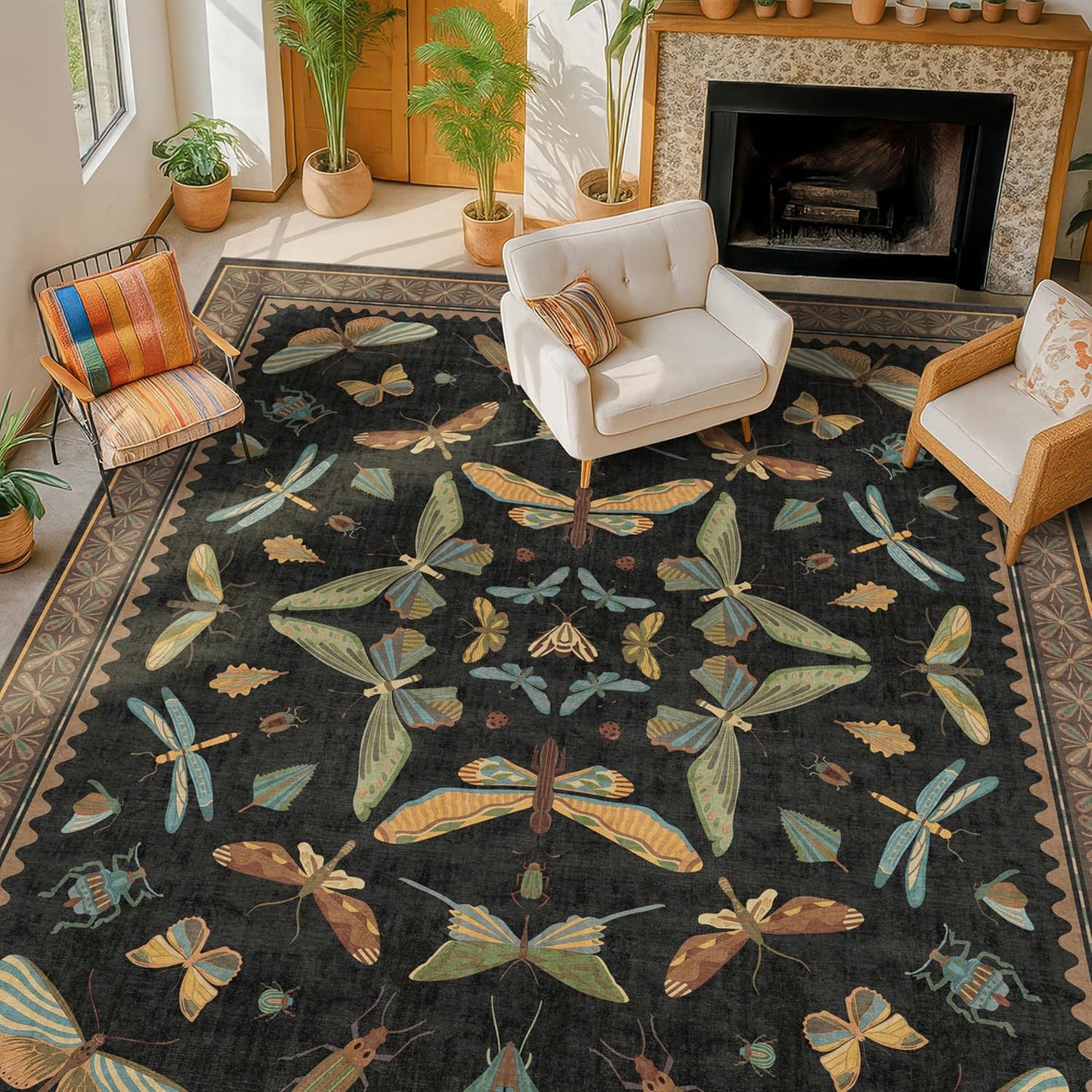 Black Washable Insect Area Rugs 8x10 - Bug, Dragonfly, Bee, Moth, Butterfly Print Rugs for Living Room, Bedroom, Dining Room Under Table, Playroom, Dark Whimscal Boho Carpet, Soft & Non Slip