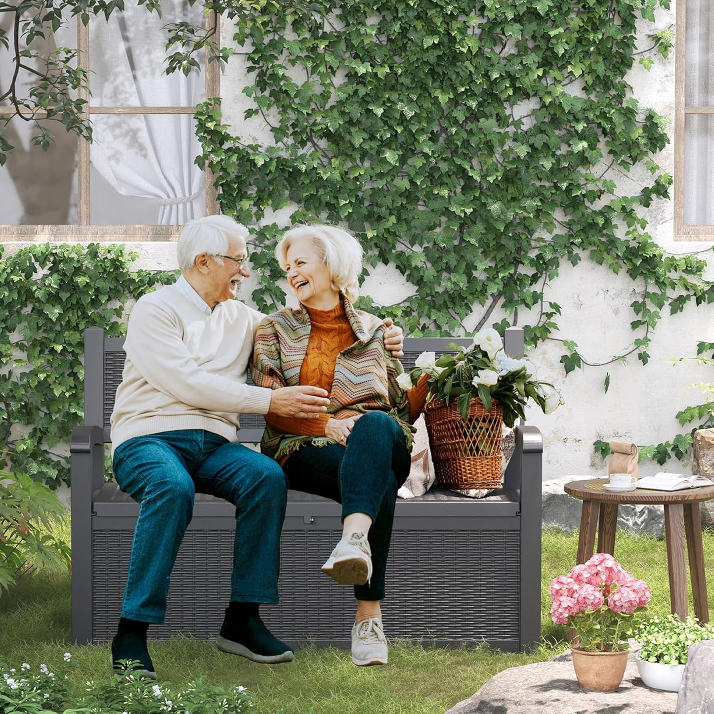 70 Gallon Storage Bench Deck Box for Patio Furniture with Armrest Bench Outdoor Storage