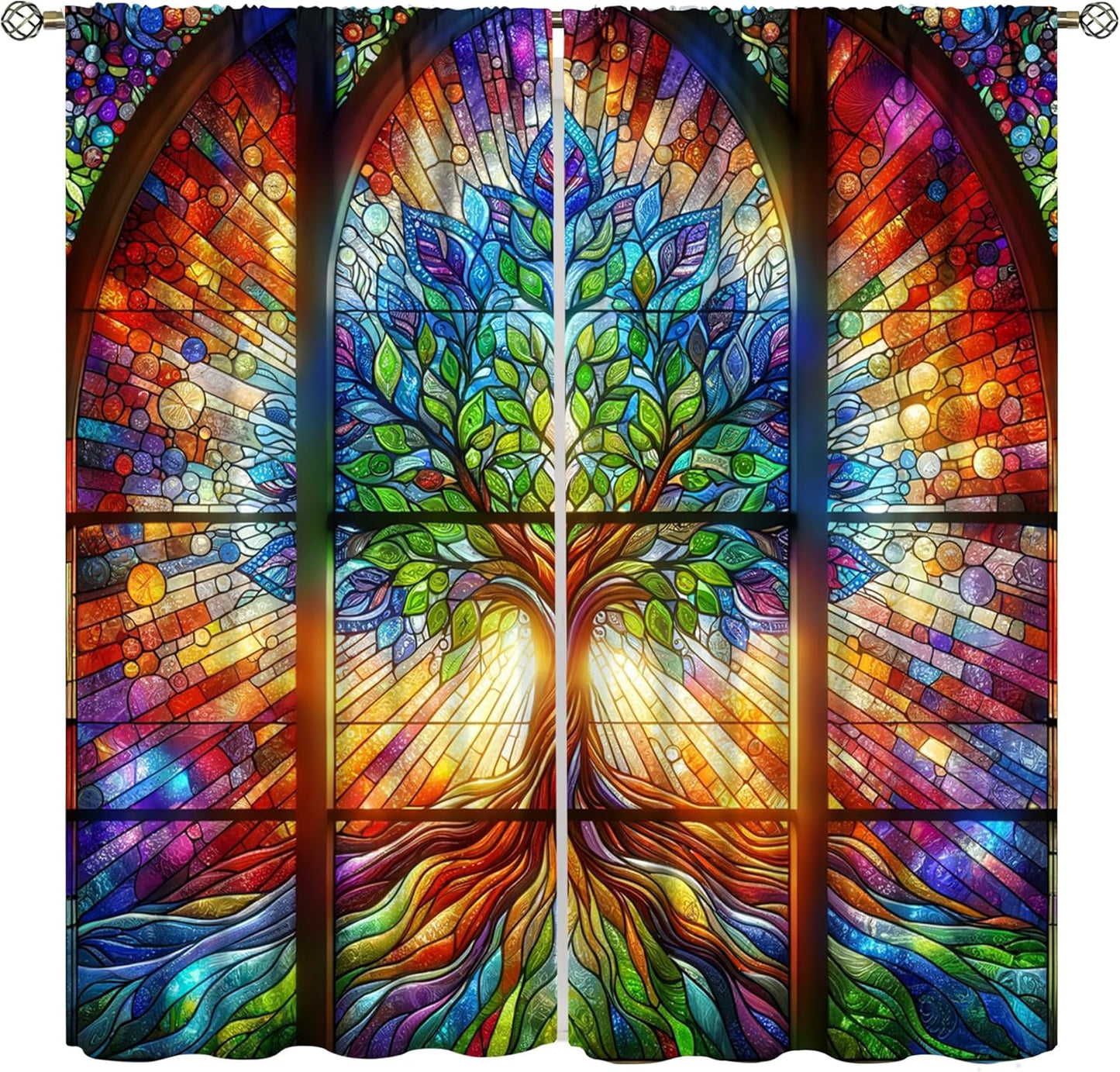 Stained Glass Curtains,Tree of Life Colorful Abstract Art Home Decor Drapes for Bedroom Living Room Kitchen Window Treatment 2 Panels Set Total Size 55" W X 63" L Inch