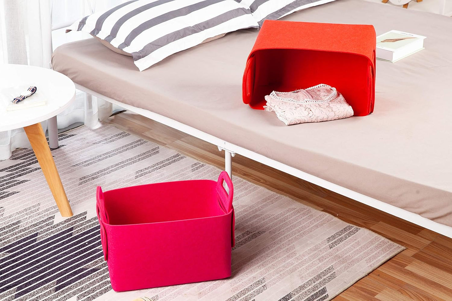 Minoisome Storage Basket Felt Storage Bin Collapsible& Convenient Box Organizer with Carry Handles for Office Bedroom Closet Babies Nursery Toys Laundry (Red, 13.8inch（L）×9.5inch（W）×8.3inch（H）)