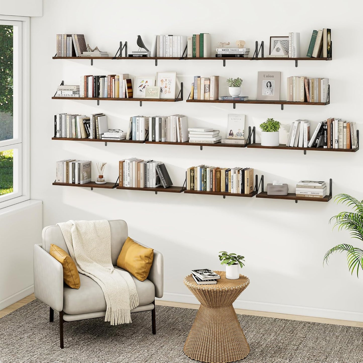 Heimlove 48 Inch Large Floating Bookshelves Set of 3,Wall Mounted Bookshelves,Heavy Duty Wooden Shelves for Living Room,Bedroom,Kitchen,Laundry Room Storage & Decor-Walnut Color