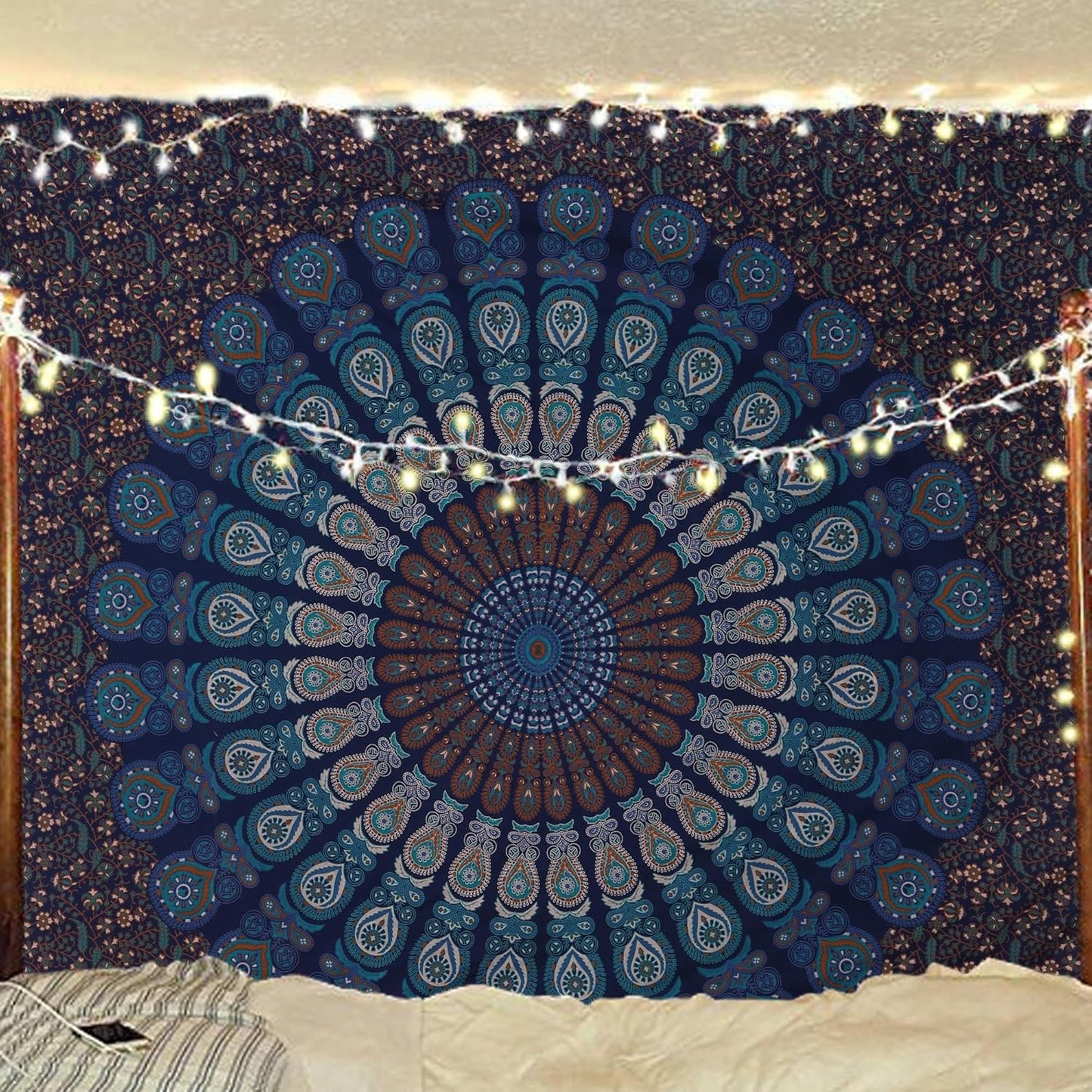 Bless International Handmade Indian hippie Bohemian Psychedelic Peacock Mandala Wall hanging College Dorm Beach Throws Table Cloth Bedding Tapestry (Blue Green, Queen(84x90Inches)(215x230Cms))