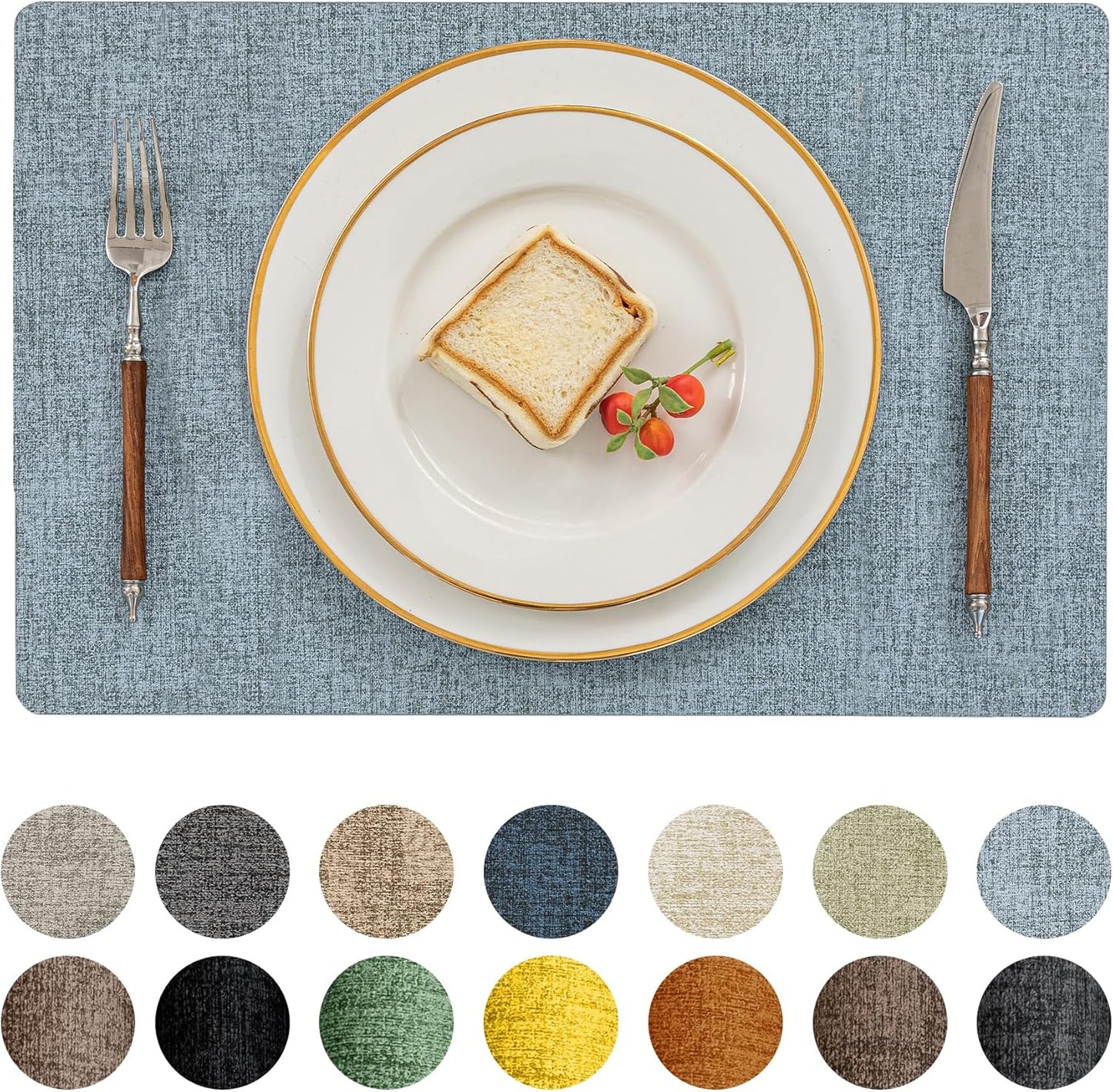 Romanstile Vinyl Placemats Set of 4-12 X 18 Inch - Heat Resistant Place Mats 100% Waterproof Oilproof Wipeable Reversible Faux Leather Table Mats for Kitchen/Dining/Party/Outdoor, Sky Blue