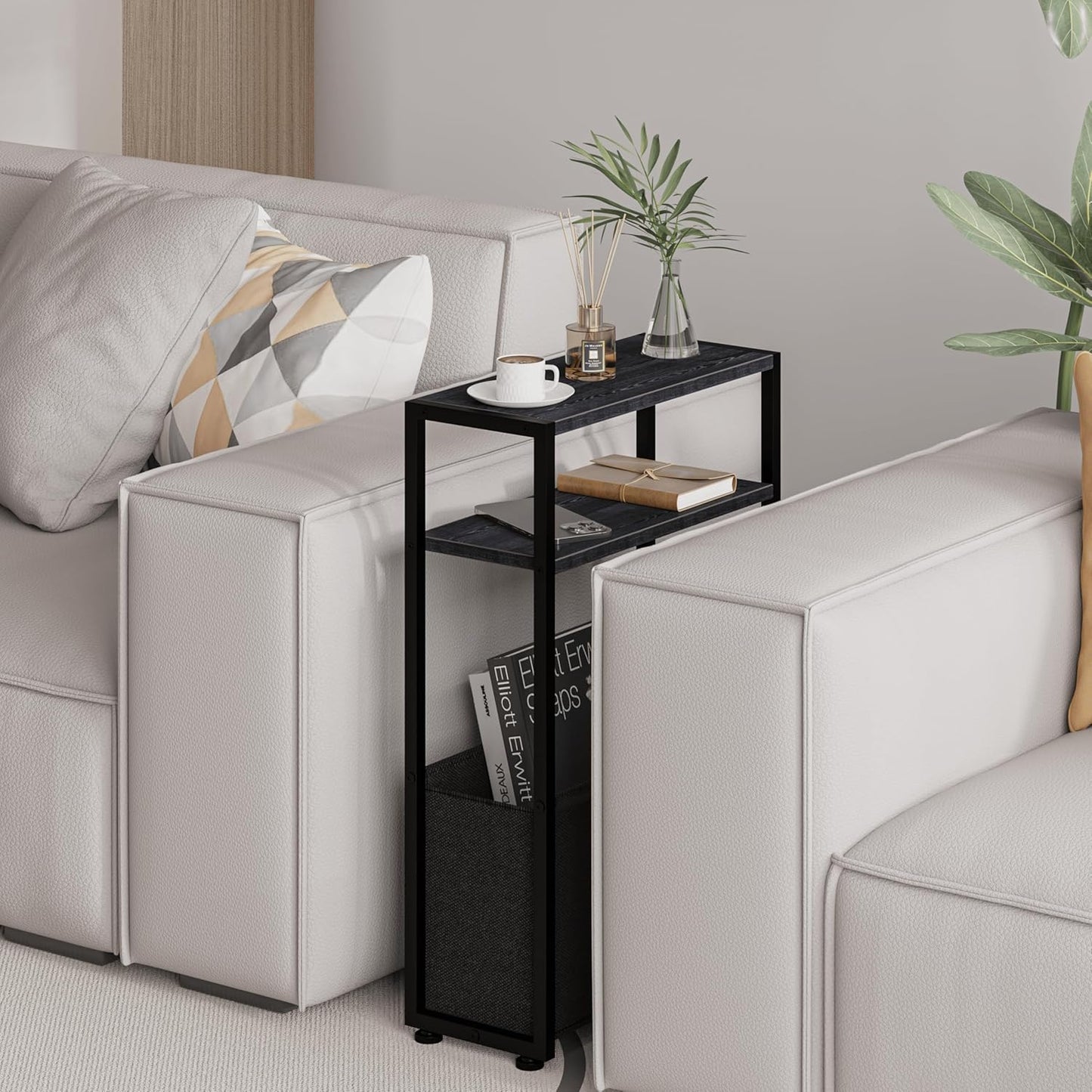Black Side Table, Slim Side Table with Magazine Rack, Bathroom Table for Small Spaces, Narrow Bedside Table for Living Room, Bedroom