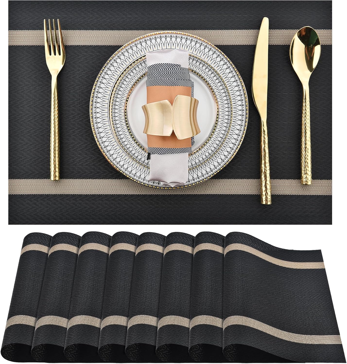 Black Placemats Set of 8 - Easy Clean Modern Durable Washable Vinyl Place Mats - Heat Resistant Placemats for Kitchen Table - PVC Table Mats for Dining Table (Black with Stripes, 8)