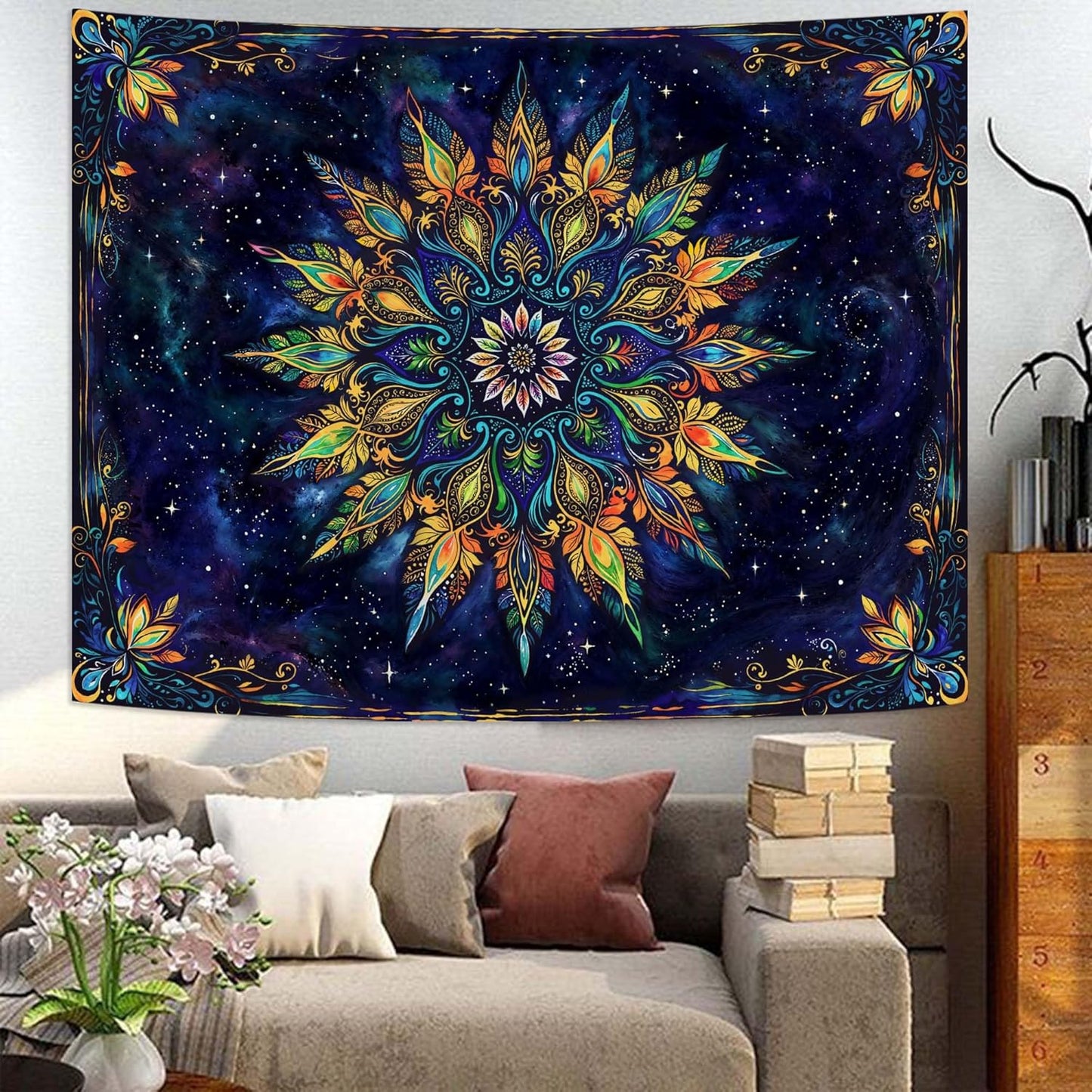 Fowocu Boho Floral Mandala Tapestry for Bedroom Aesthetic Blue Bohemian Colorful Flower Wall Tapestry Purple Hippie Indian Small Tapestries Wall Hanging for Living Room Dorm Decor 60 x 44 Inch
