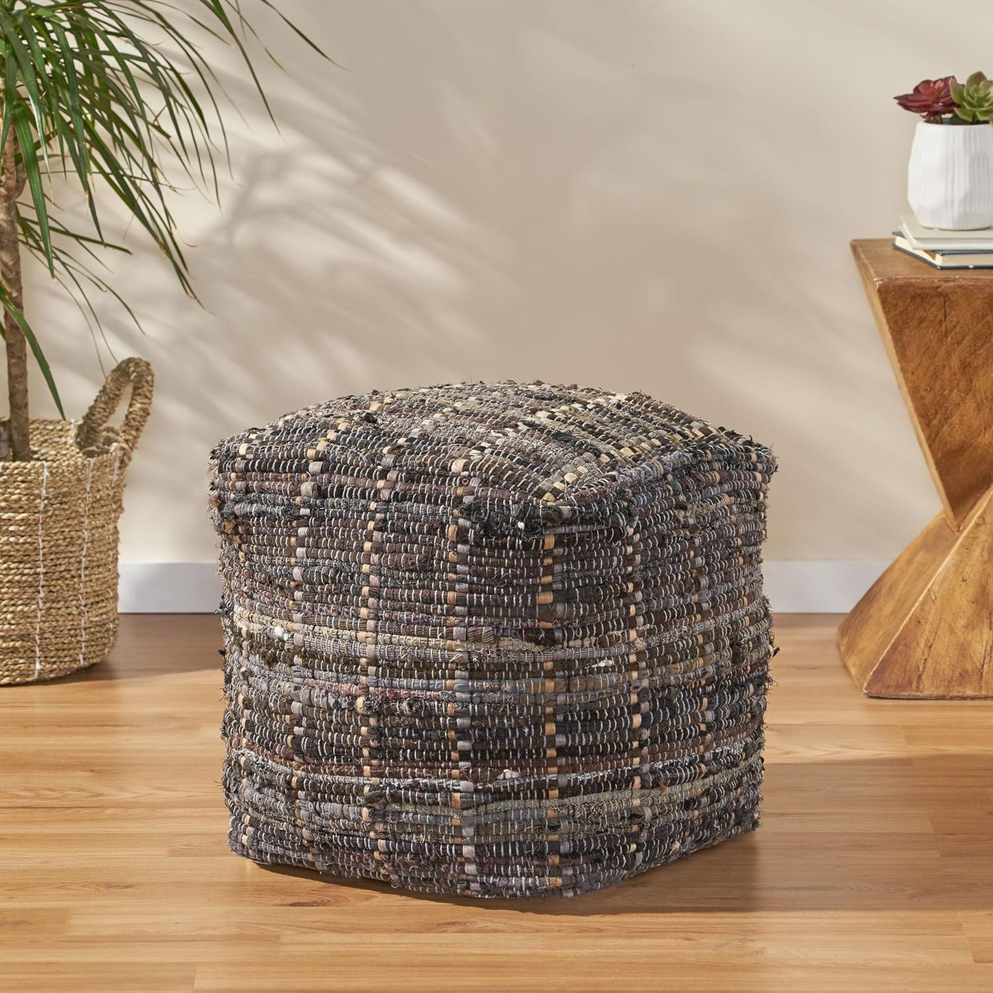 GDFStudio Boho Handmade Fabric Cube Pouf Ottoman Foot Stool - Bean Bag Floor Chair - Foot Rest Couch for Living Room Bedroom Khaki,16" x 16" x 16"