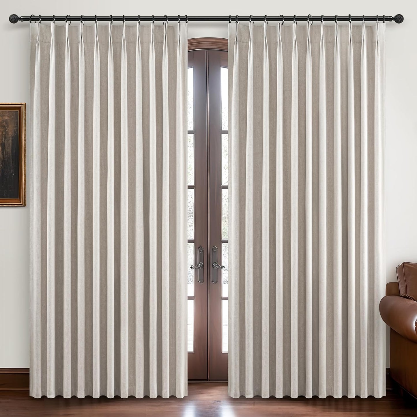 Curtains 60 Inch Length Wide Pinch Pleated Blackout Curtain for Sliding Glass Door/Living Room, Farmhouse Natural Linen Thick Boho Bedroom Heavy Insulated Large Window Drapes (60"Wx90"Lx2Panels)