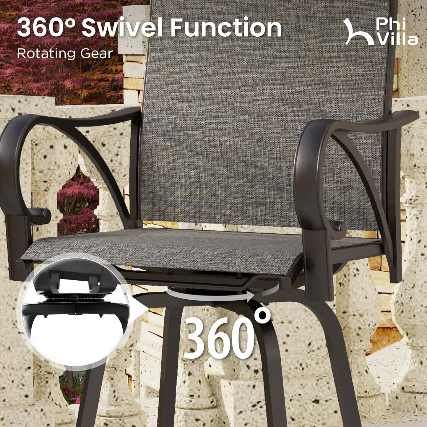 PHI VILLA 7 Piece Outoor Bar Dining Set, High Top Patio Bar Table and Chairs Set with 6 Outdoor Swivel Bar Stools & 40" Outdoor Bar Table for Yard, Garden and Terrace, Grey