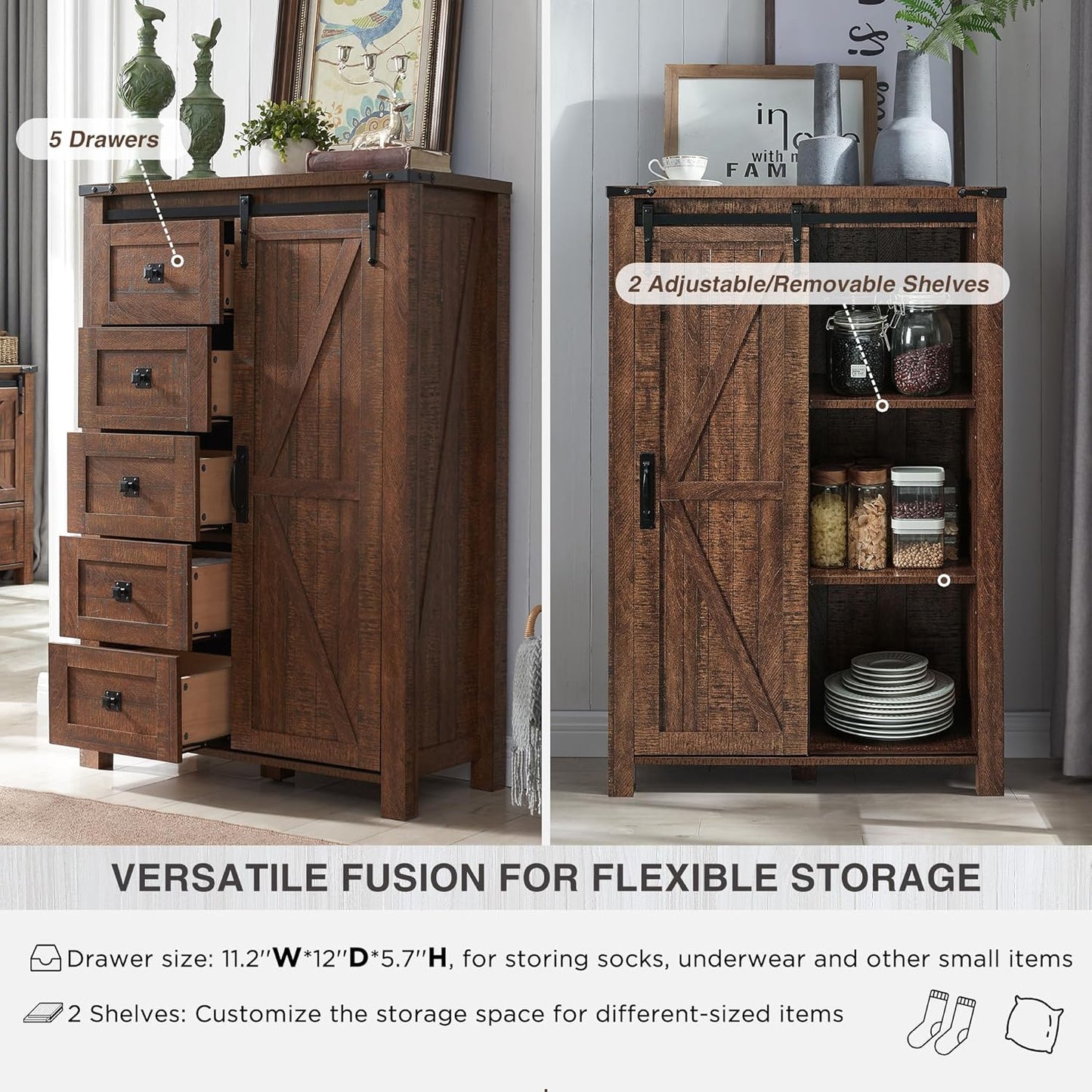 T4TREAM 5 Drawers Dresser for Bedroom w/Sliding Barn Door, Farmhouse Modern Dresser Tall 5 Chest of Drawers, Storage Organizer for Bedroom, Hallway, Living Room, Kids Room, Reclaimed Barnwood