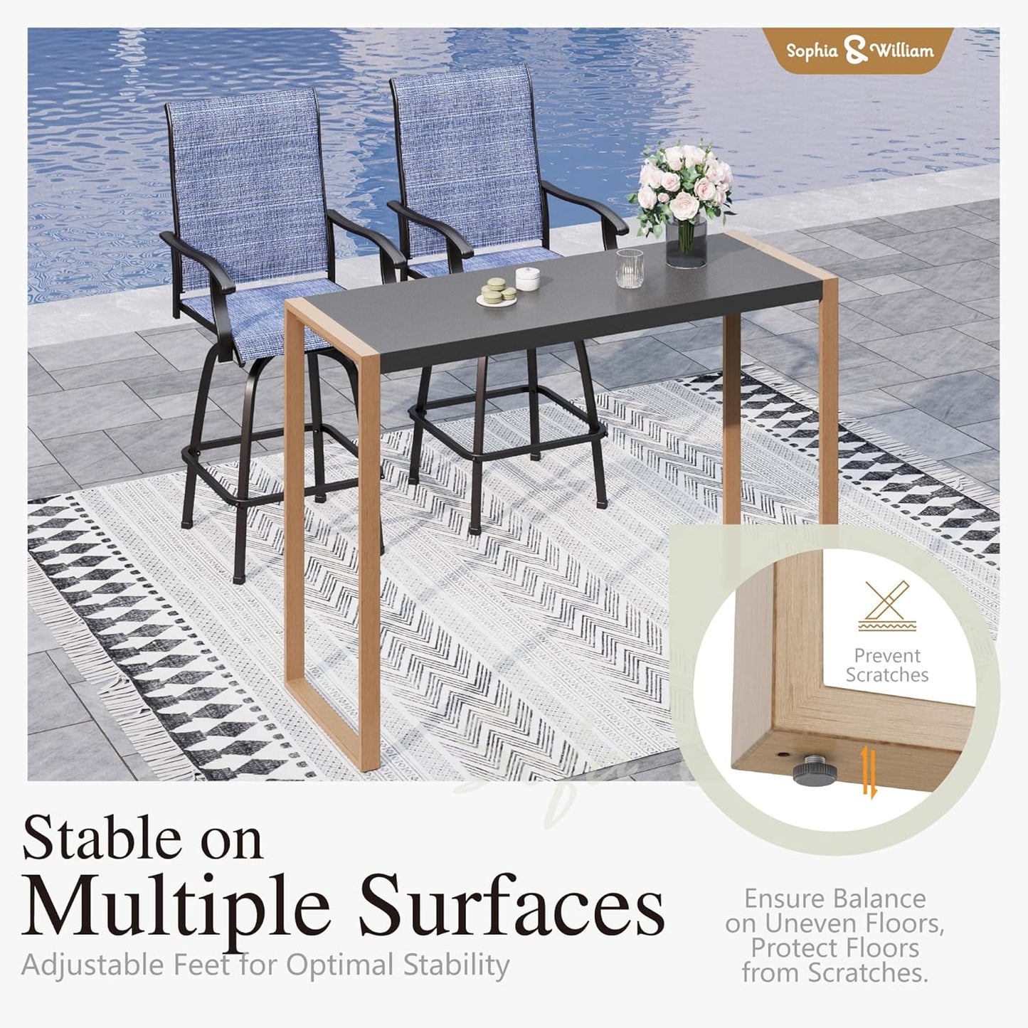 Sophia & William Outdoor Bar Set, Patio Bar Table and Chairs Set, Bar Height Patio Set - 2 x Swivel Bar Chairs(Blue), 1 x Rectangular Bar Table(Larimar Desktop)