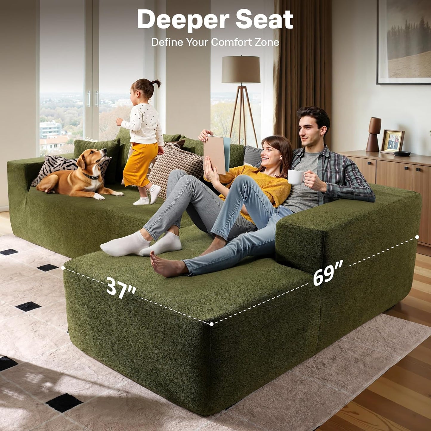 104" Cloud Sectional Couches for Living Room,L Shaped Boneless Couch in A Box,Sleeper Sofa with Comfy Chaise No Assembly Required,Green