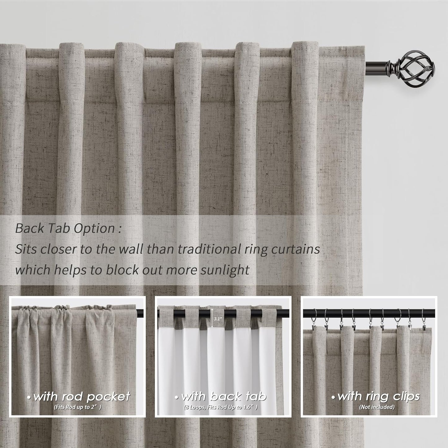 BOODII 63 Inch Blackout Curtains Linen Black Out Curtains for Bedroom 2 Panels Set Neutral Room Darkening Curtain Dark Taupe Thermal Insulated Curtain for Nursery Window Drapes Back Tab 52x63