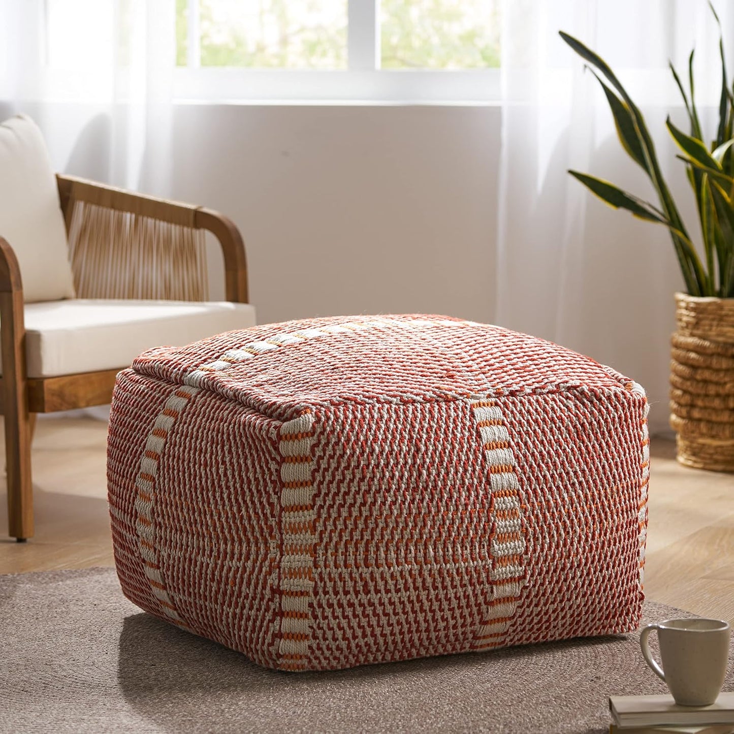 GDF Studio Indoor/Outdoor Boho Handmade Water Resistant Fabric Rectangular Pouf Ottoman Foot Stool - Bean Bag Floor Chair - Foot Rest Couch for Living Room Bedroom, Red and Orange,26" x 26" x 16.5"