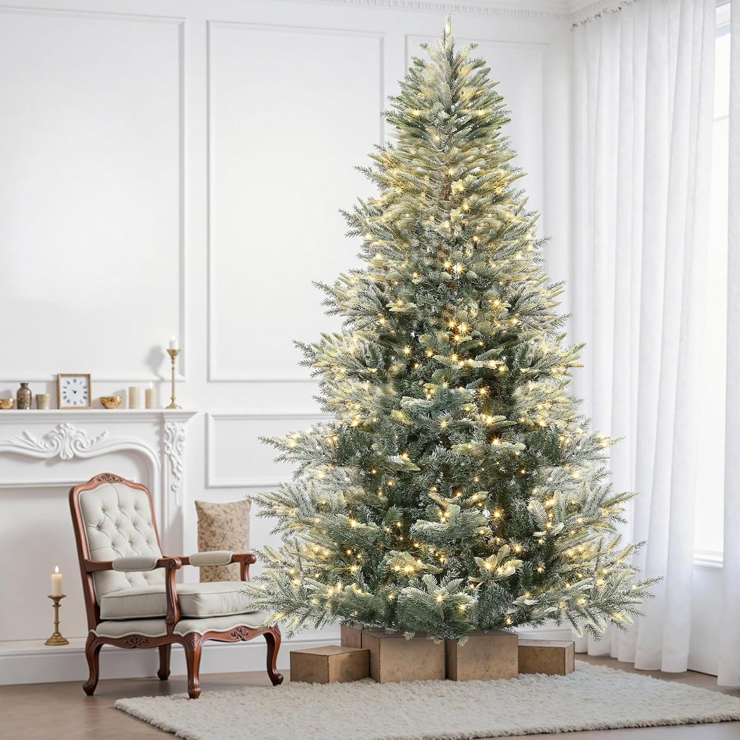 GarveeHome 7.5 FT Lighted Aspen Fir Christmas Tree,Flocked Green Artificial Christmas Tree with Warm White & Twinkle Lights for Indoor,Outdoor, Holiday Décor, Metal Hinges, Foldable Base
