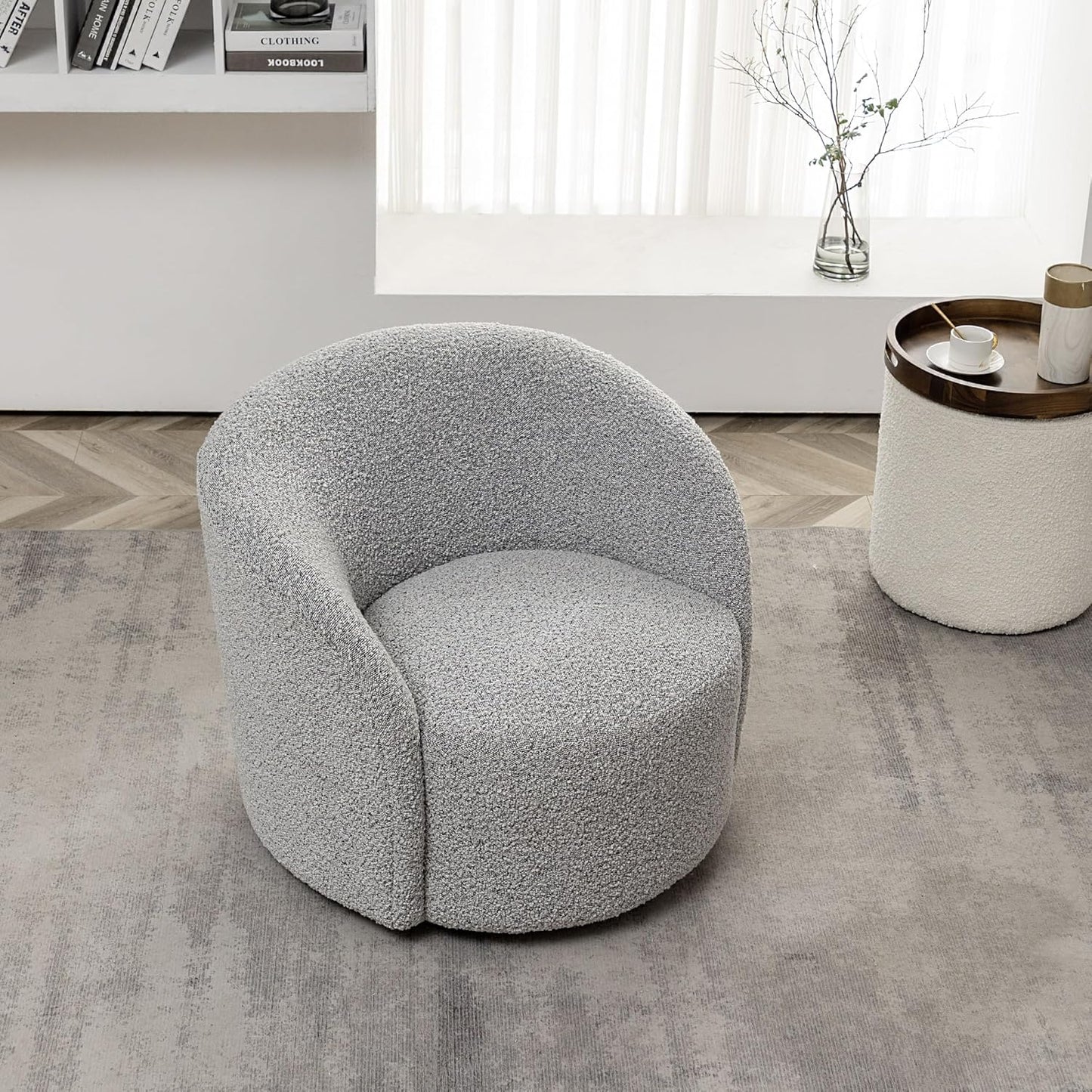 KINWELL 34" W Mid Century Modern Swivel Barrel Chair, Round Upholstered Boucle Swivel Accent Chairs, No Assembly Sofa Chair for Living Room Bedroom Reading Apartment Lounge Nursery(Black White)