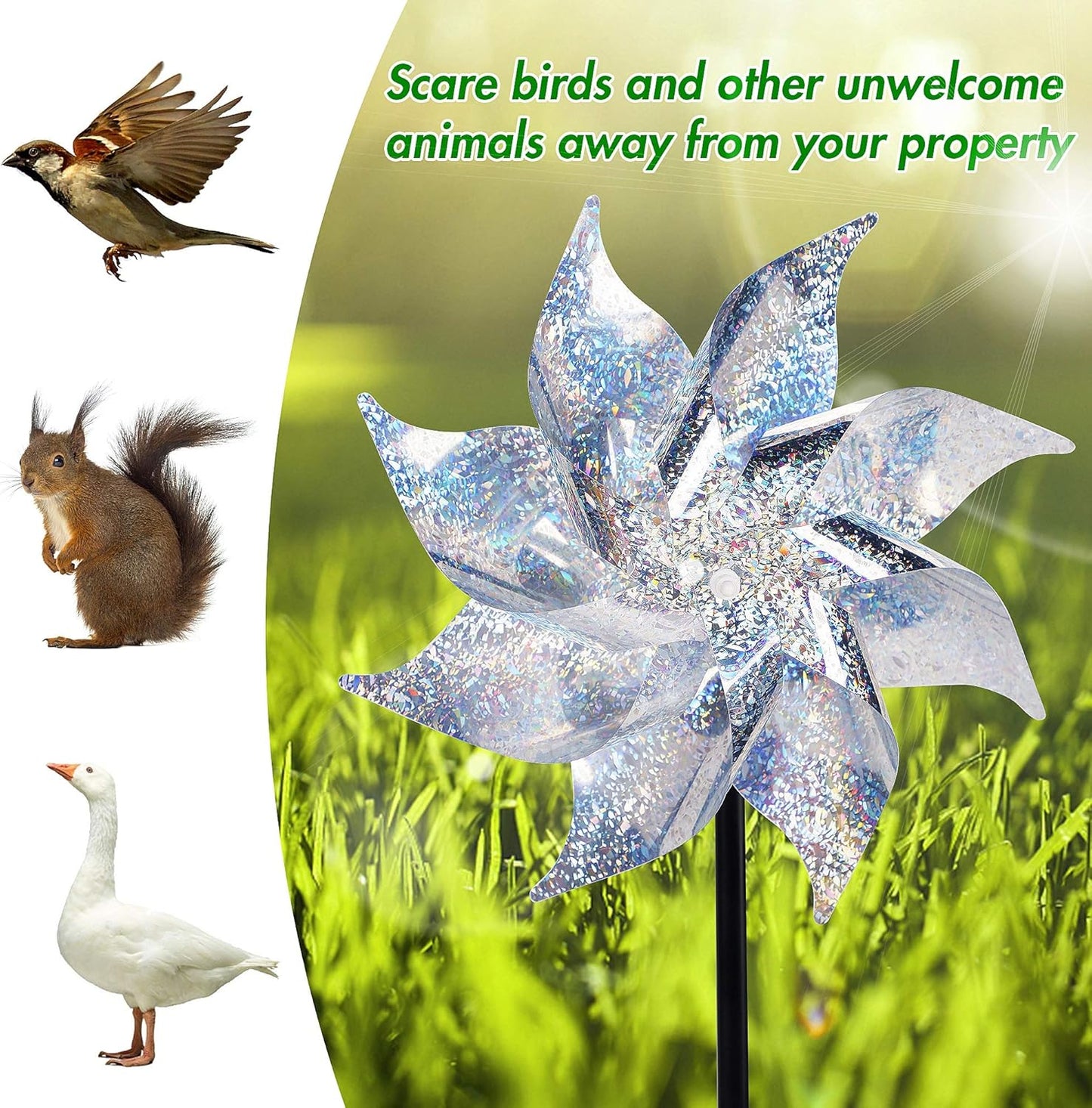 Hausse 10 Pack Reflective Pinwheels with Stakes (Assembly Required), Extra Sparkly Pin Wheel for Garden Decor, Bird Repellent Devices Deterrent to Scare Birds Away from Yard Patio Farm