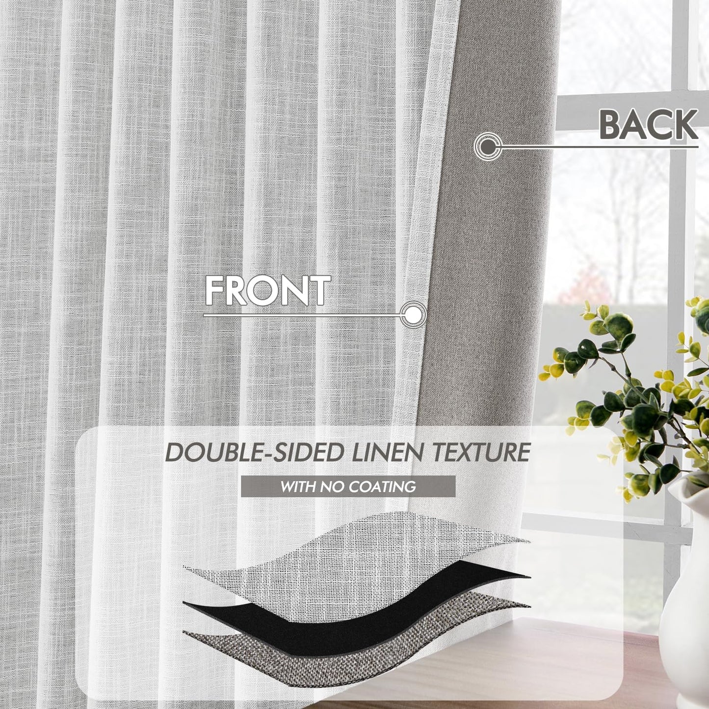 MIULEE Greyish White 100% Blackout Linen Curtains 108 Inch 2 Panels Set Double Sided No Coating Pleated Back Tab Black out Extra Long Thermal Insulated Pinch Pleat Bedroom Living Room Darkening Drapes