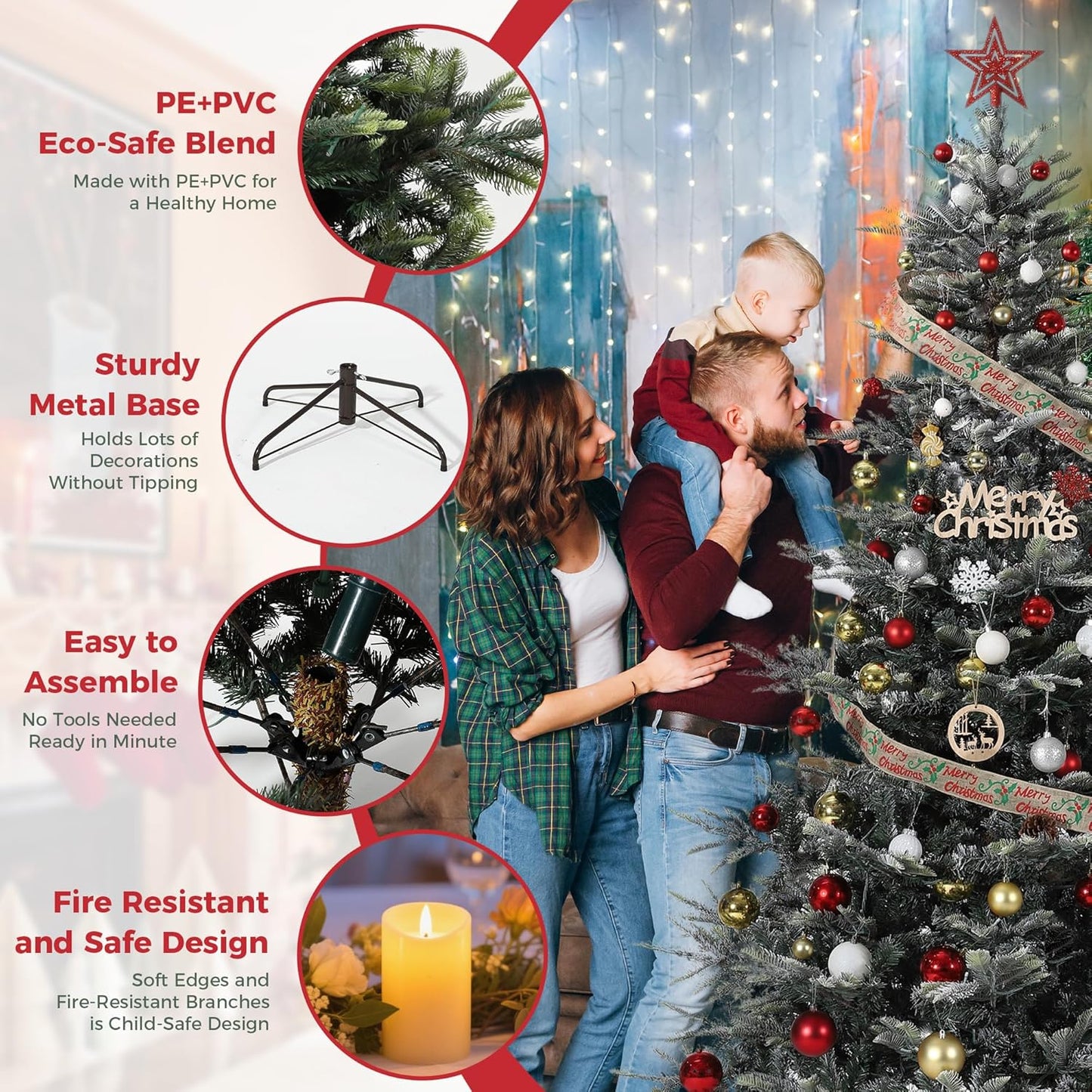 GarveeHome 6.5 FT Lighted Aspen Fir Christmas Tree,Flocked Green Artificial Christmas Tree with Warm White & Twinkle Lights for Indoor,Outdoor, Holiday Décor, Metal Hinges, Foldable Base