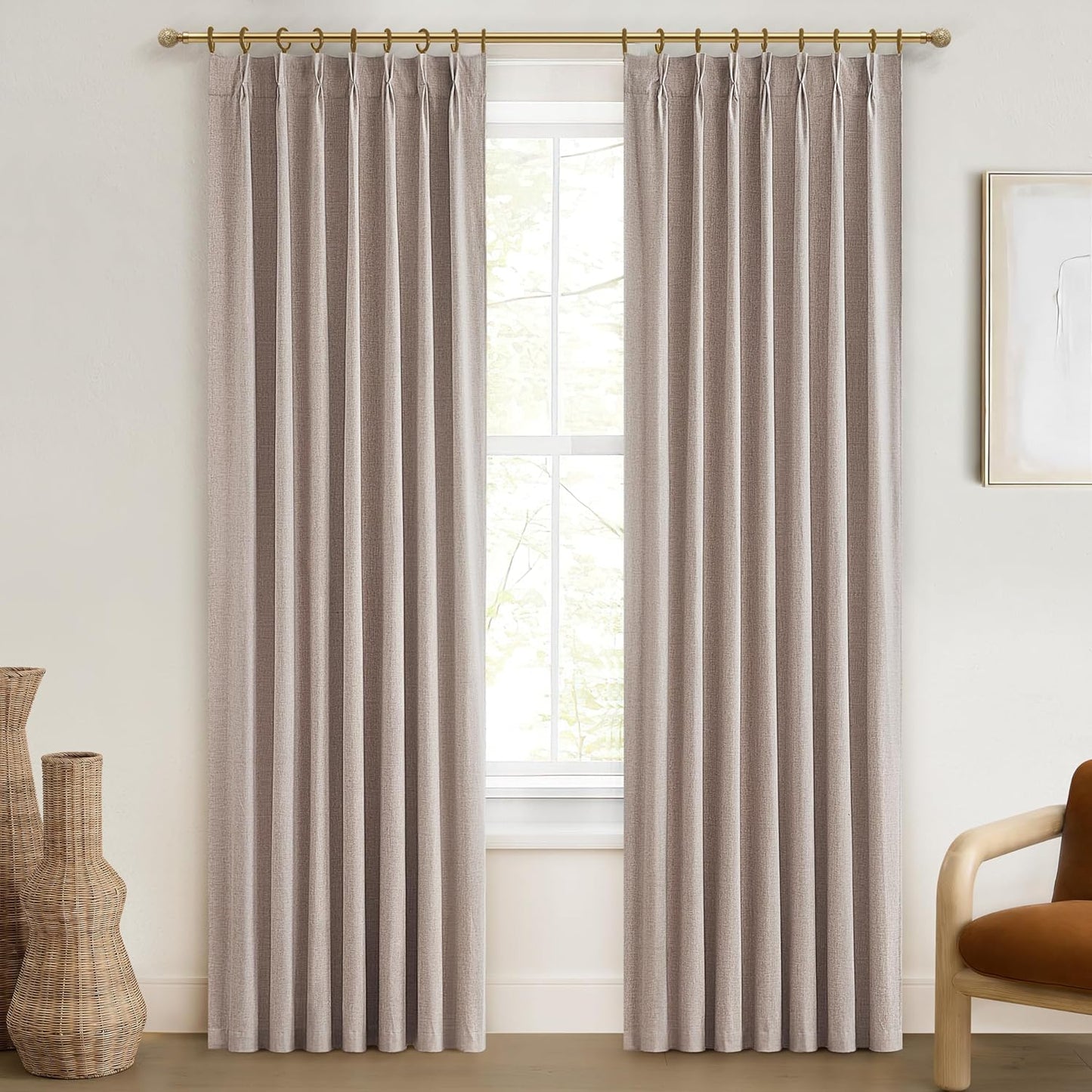 Linen Drapes Textured Boho 100% Blackout Curtains 86 inch Length 2 Panels Set Thermal Insulated Country Window Curtain for Living Room/Bedroom Darkening Pinch Pleated Back Tab Rustic Farmhouse