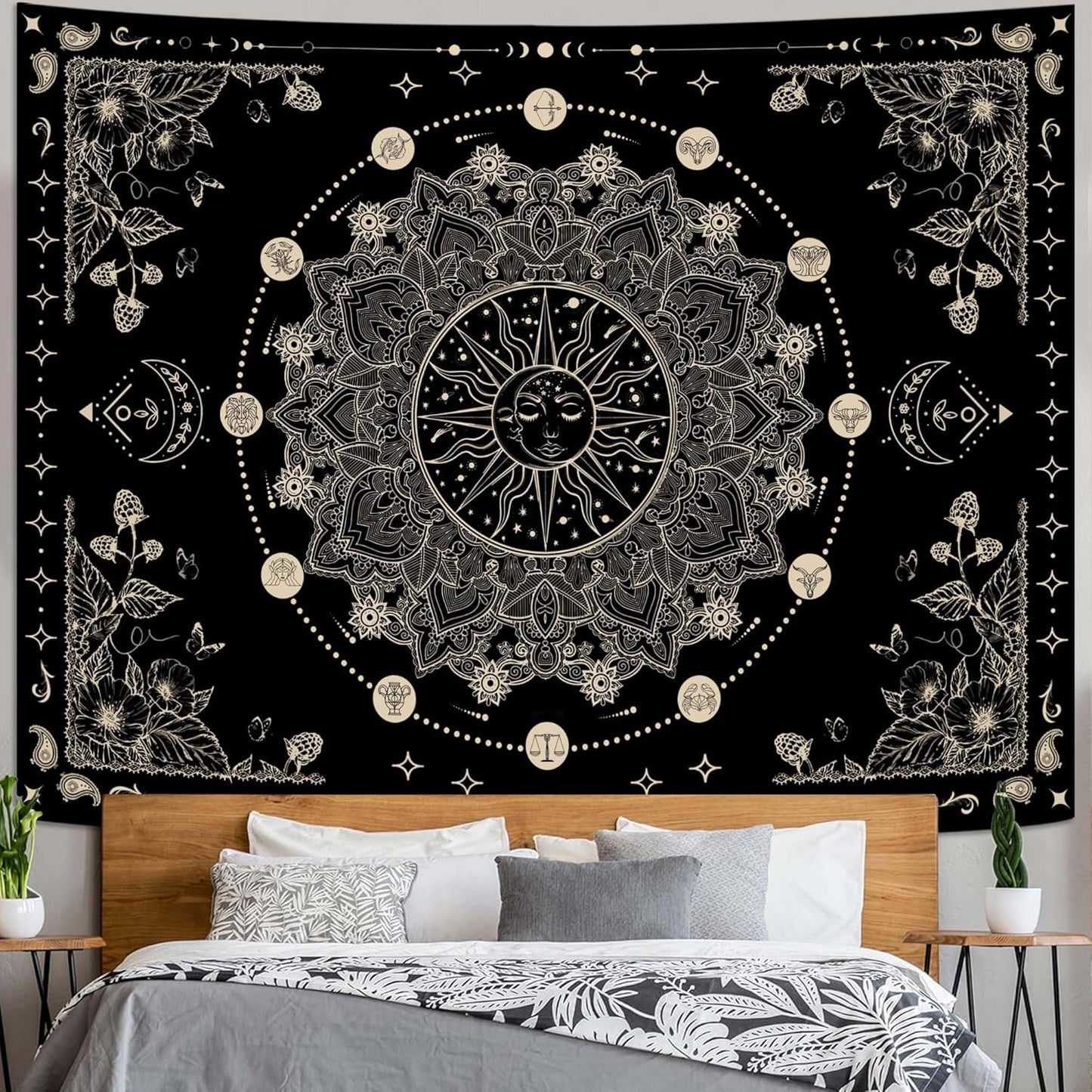 Lunerfex Sun and Moon Mandala Tapestry Boho Tapestry for Bedroom Black and White Tapestries Wall Hanging Living Room Wall Art and Home Decor 70x90