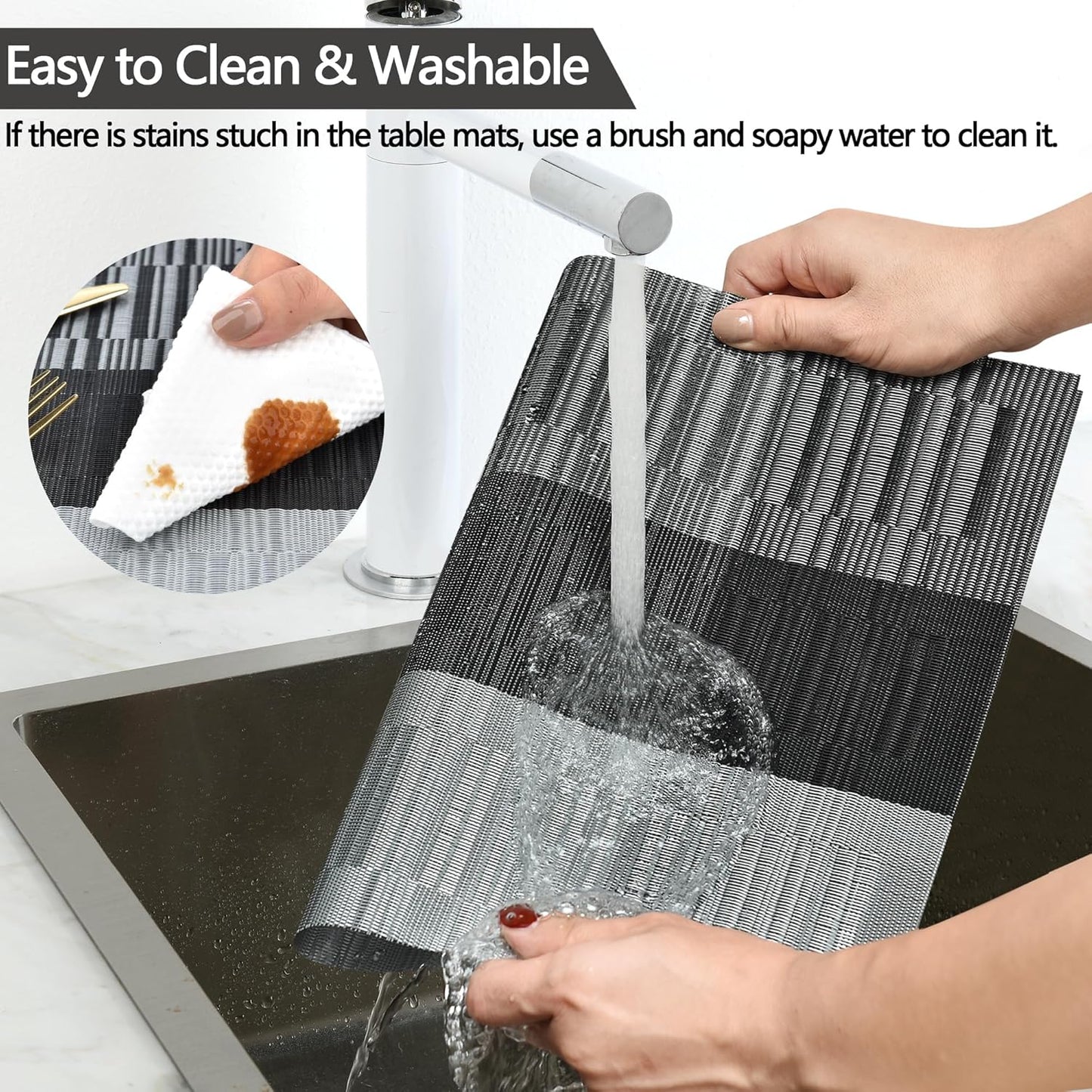 Placemats Set of 4 - Washable Easy Clean Vinyl Placemats - Heat Resistant PVC Place Mats for Dining Table - (Black and Gray, 4)