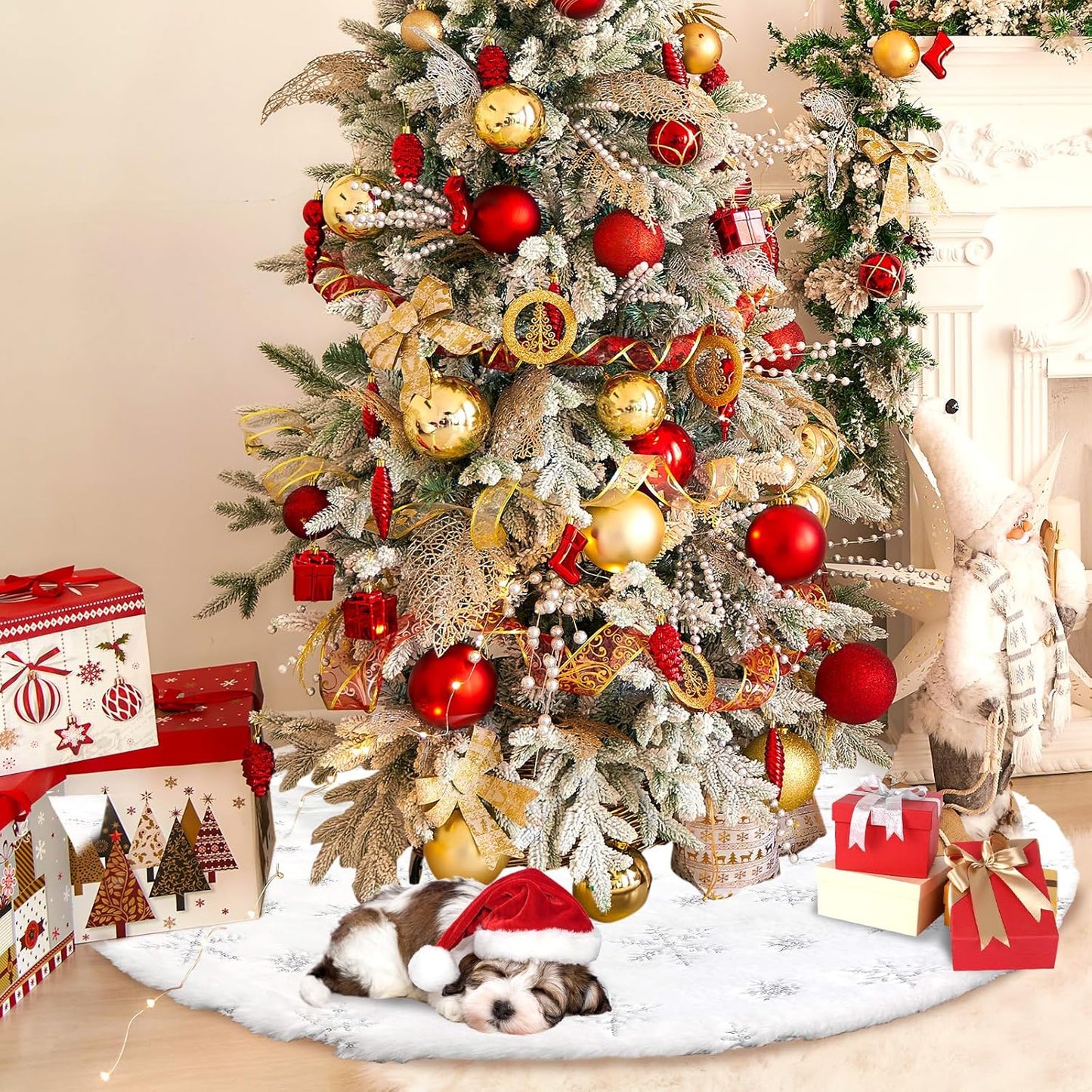 Christmas Tree Skirt 36 Inch, Holiday Part Decorations for Christmas Tree, Whit Plush Sliver Sequin Snowflake Tree Shirt for Xmas