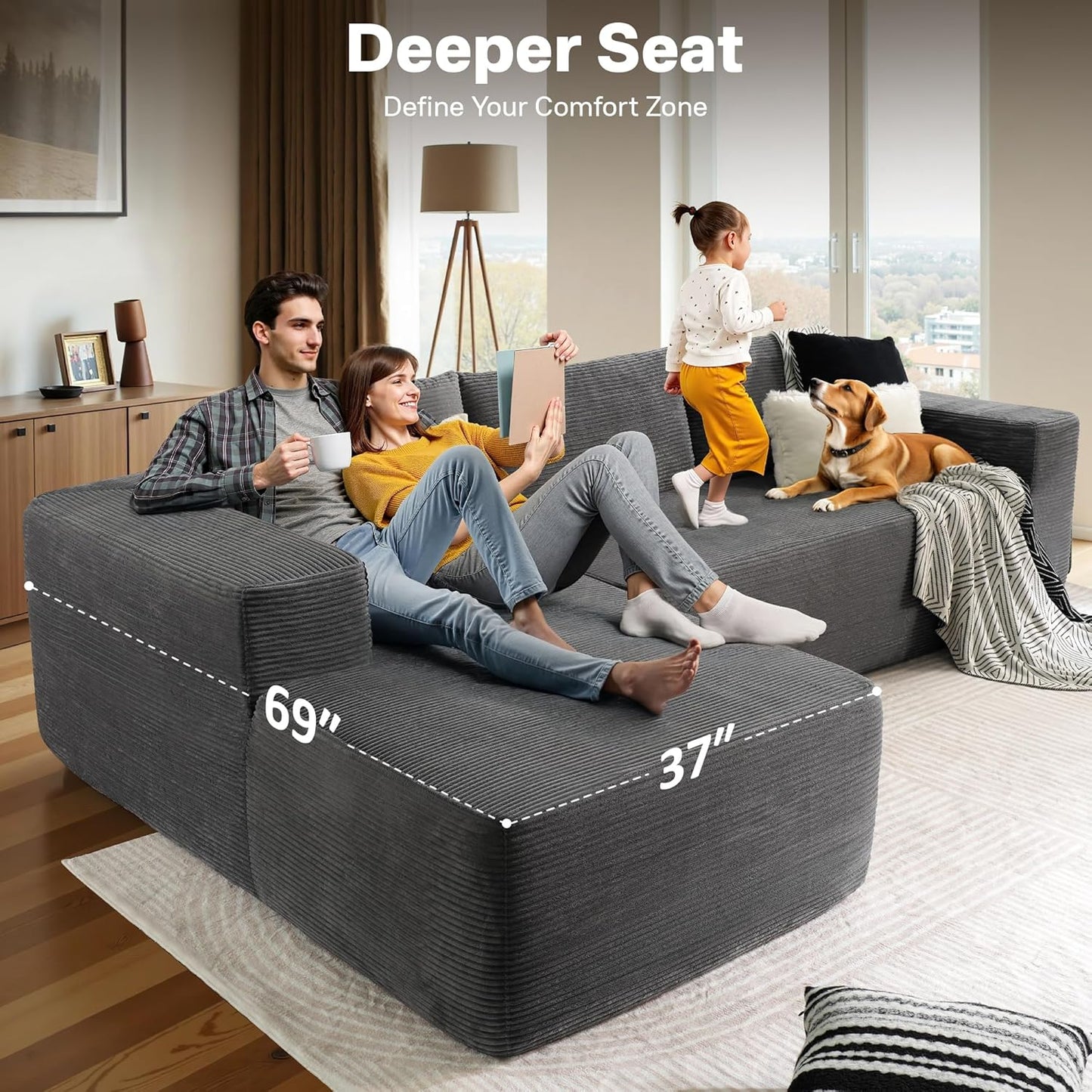 104" Cloud Sectional Couches for Living Room,L Shaped Boneless Couch in A Box,Sleeper Sofa with Comfy Chaise No Assembly Required,Grey