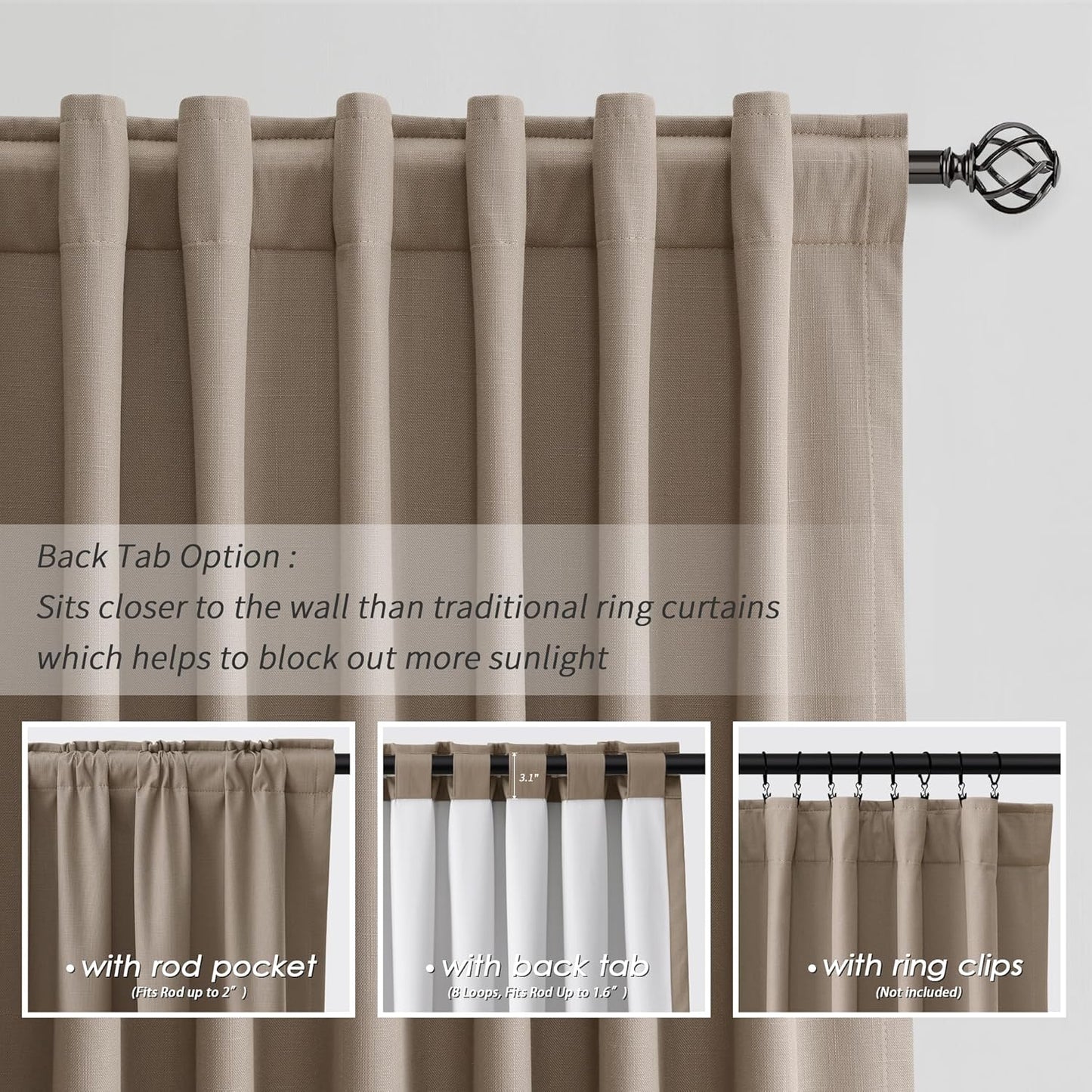 BOODII 100% Blackout Curtains for Bedroom 95 Inch Length 2 Panels Set Room Darkening Linen Curtains Light Brown Black Out Curtain Neutral Thermal Insulated Living Room Nursery Drapes Back Tab 52x95