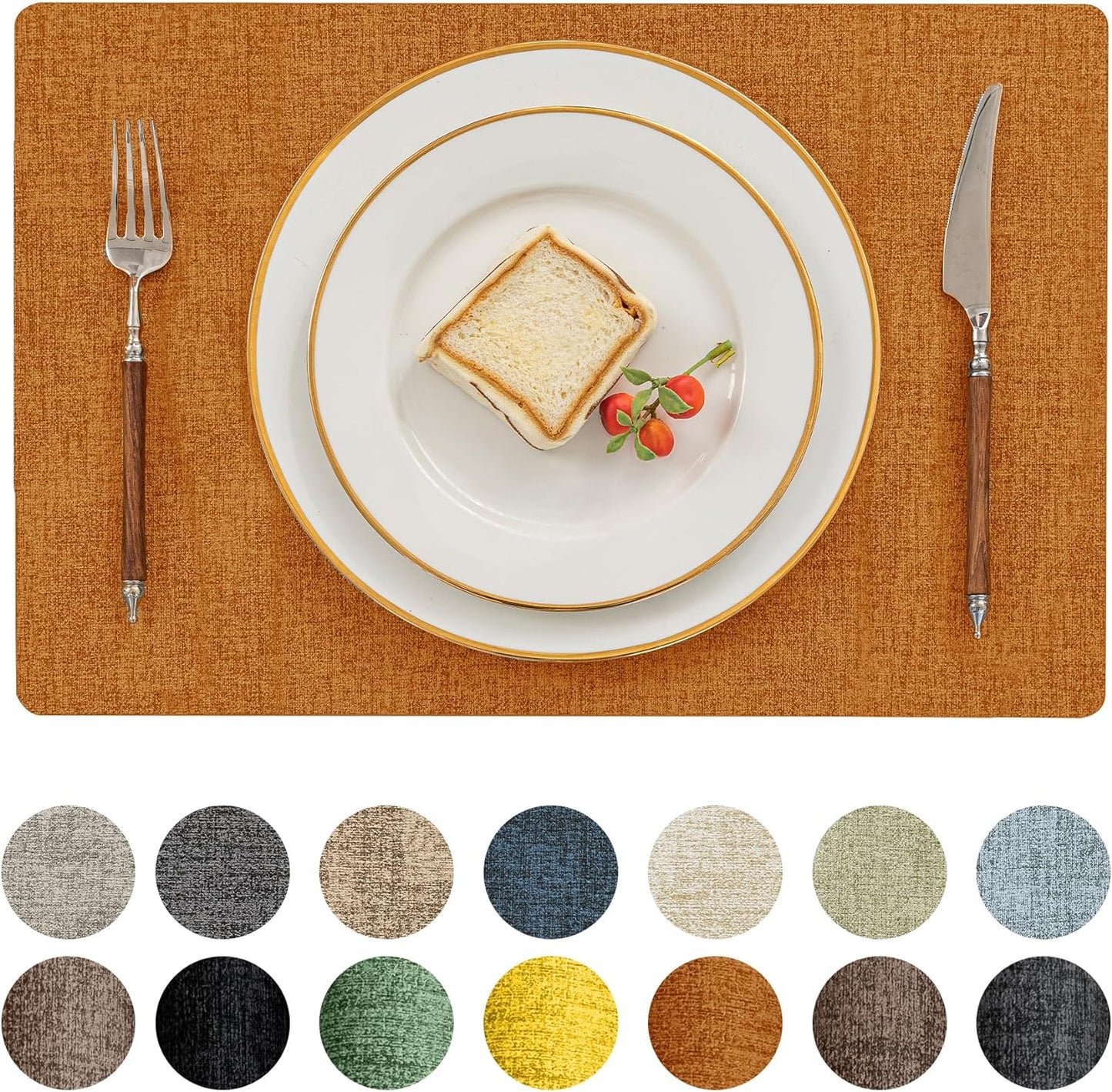 Romanstile Fall Vinyl Placemats Set of 4-12 X 18 Inch - Heat Resistant Place Mats 100% Waterproof Oilproof Wipeable Reversible Faux Leather Table Mats for Kitchen/Dining/Party/Outdoor, Orange