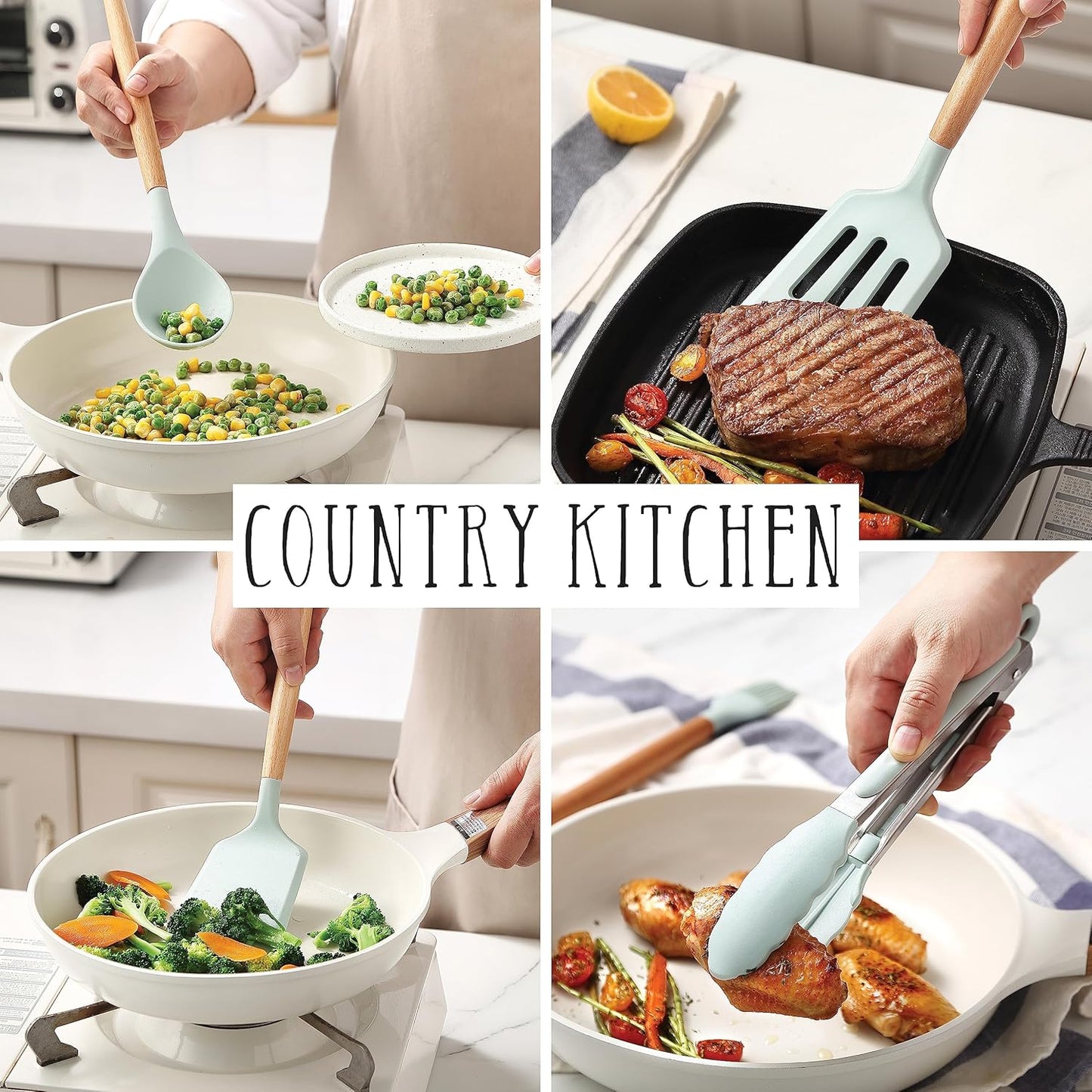 Country Kitchen Non Stick Silicone Utensil Set with Rounded Wood Handles for Cooking and Baking, 14 Piece Set, Mint