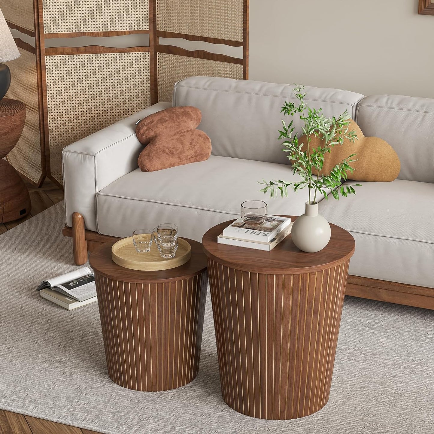 Nesting Coffee Table Set of 2, Round End Table with Storage, Farmhouse Side Table with Removable Wood Tops and Wood Basket Bases for Blanket Storage, Modern Coffee Table for Living Room (Walnut)